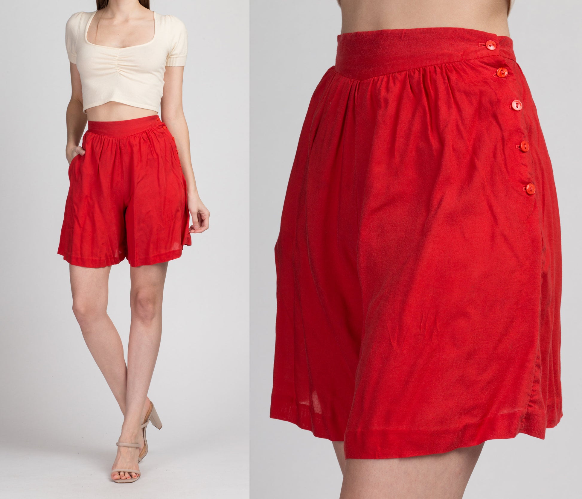 70 Red High Waist Shorts - Extra Small, 25&quot; | Vintage Side Button Casual Pleated Long Shorts