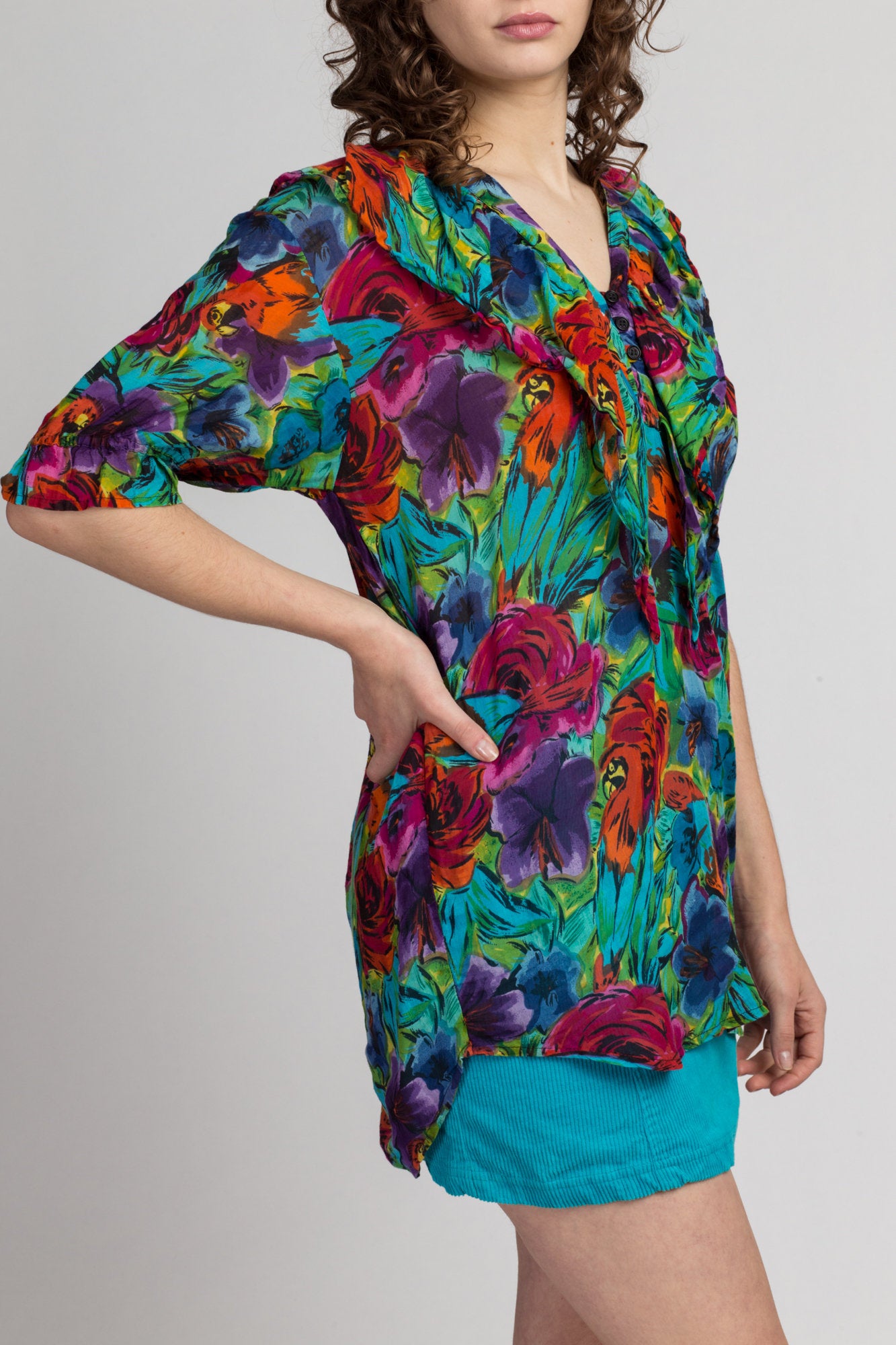 Vintage Floral Ruffle Bib Oversize Blouse - Small | 80s Retro V Neck Half Sleeve Collared Shirt