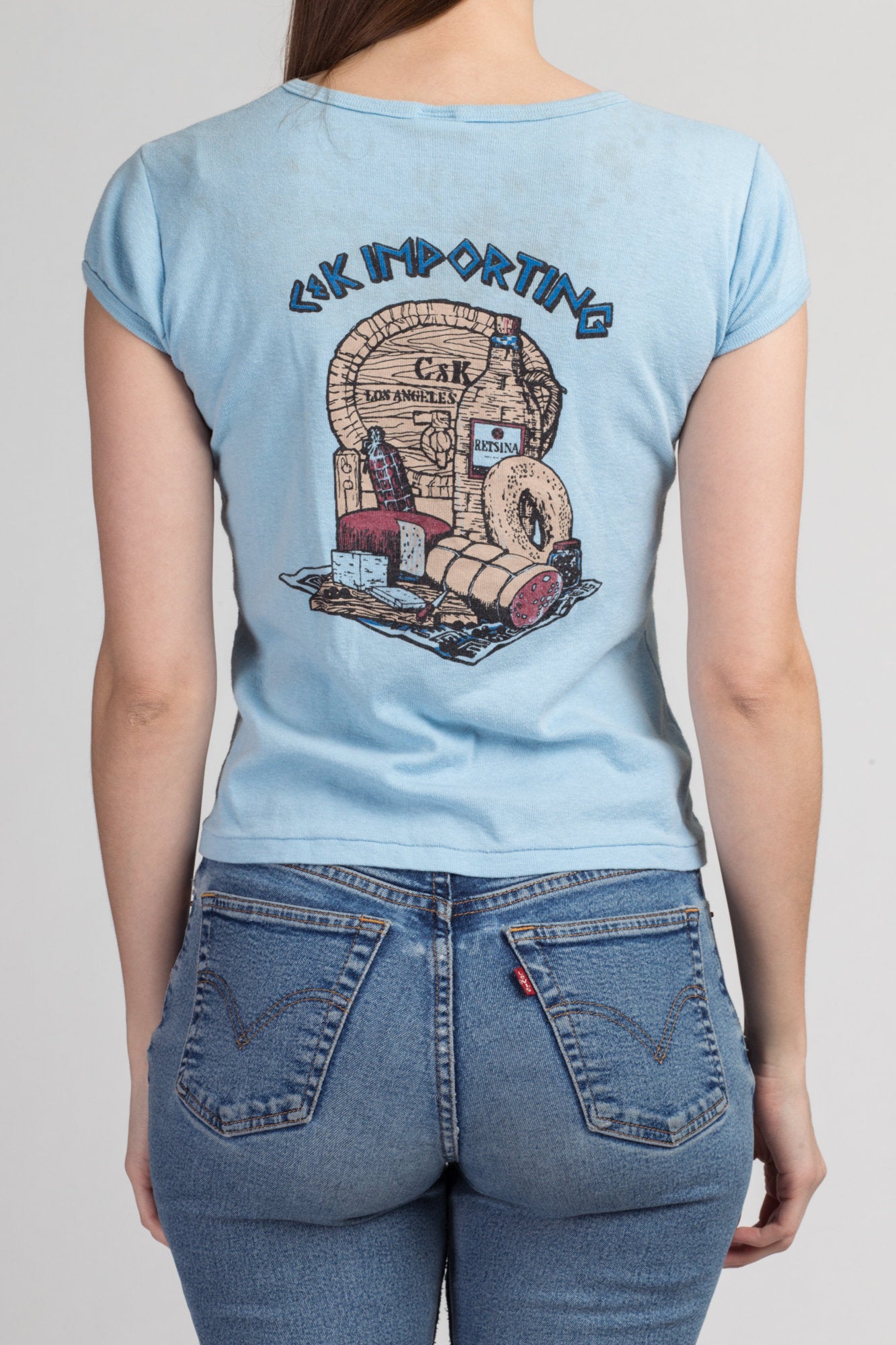 70s Greek Wine & Cheese Crop Top Tee - Medium | Vintage Blue Distressed Graphic Cropped Fitted T Shirt
