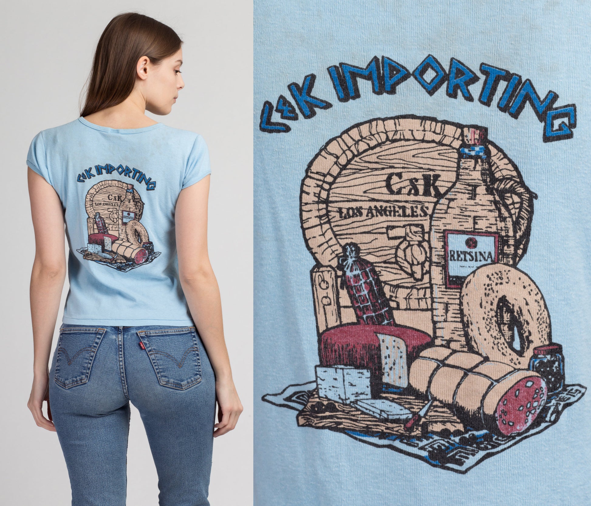 70s Greek Wine & Cheese Crop Top Tee - Medium | Vintage Blue Distressed Graphic Cropped Fitted T Shirt