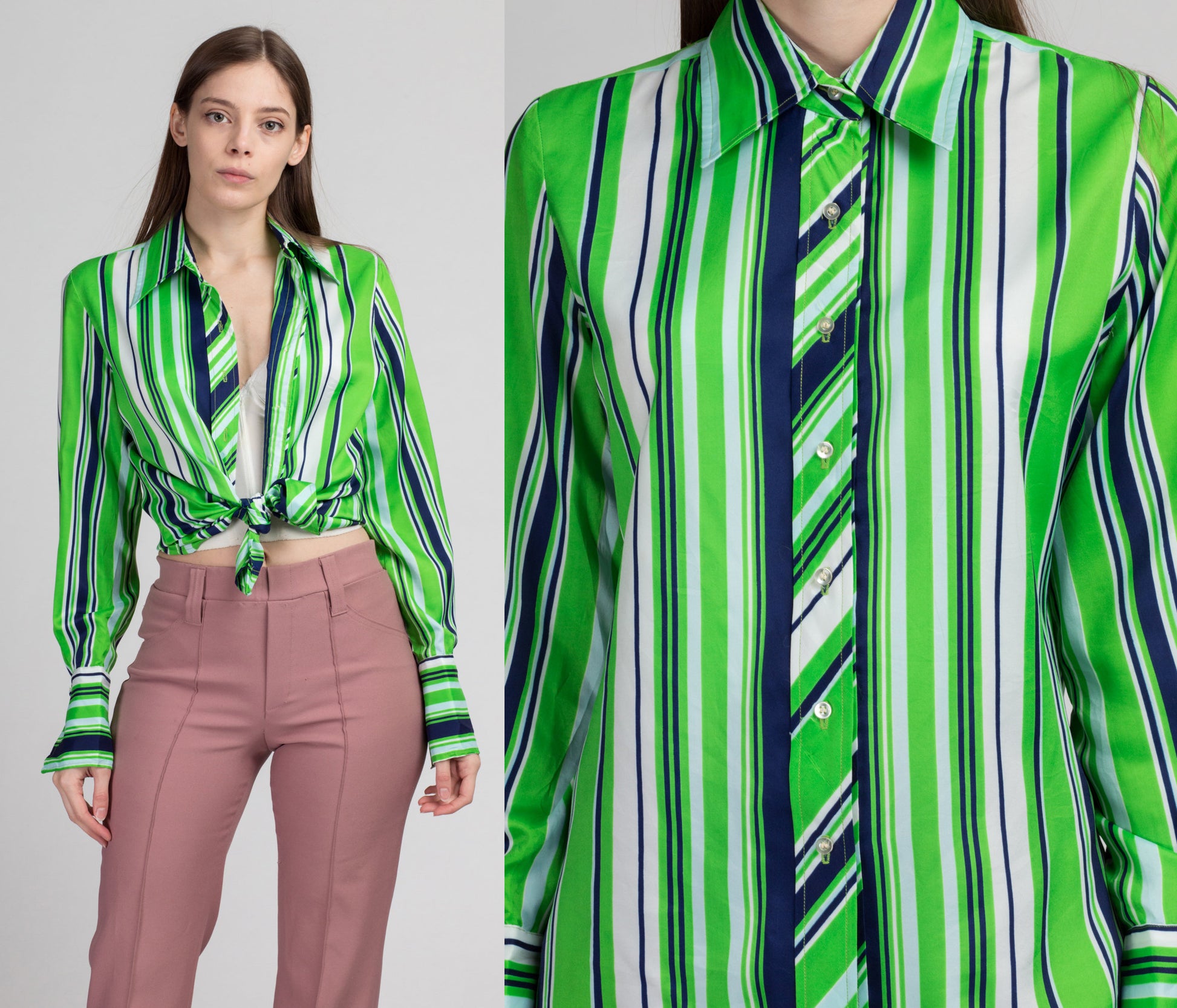 60s I. Magnin Green Striped Button Up Top - Large | Vintage Mod Long Sleeve Cuffed Shirt