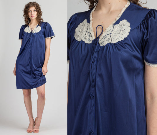 70s Blue Satin Flutter Sleeve Mini Nightdress - Small | Vintage Victorian White Lace Short Sleeve Button Up Slip Robe