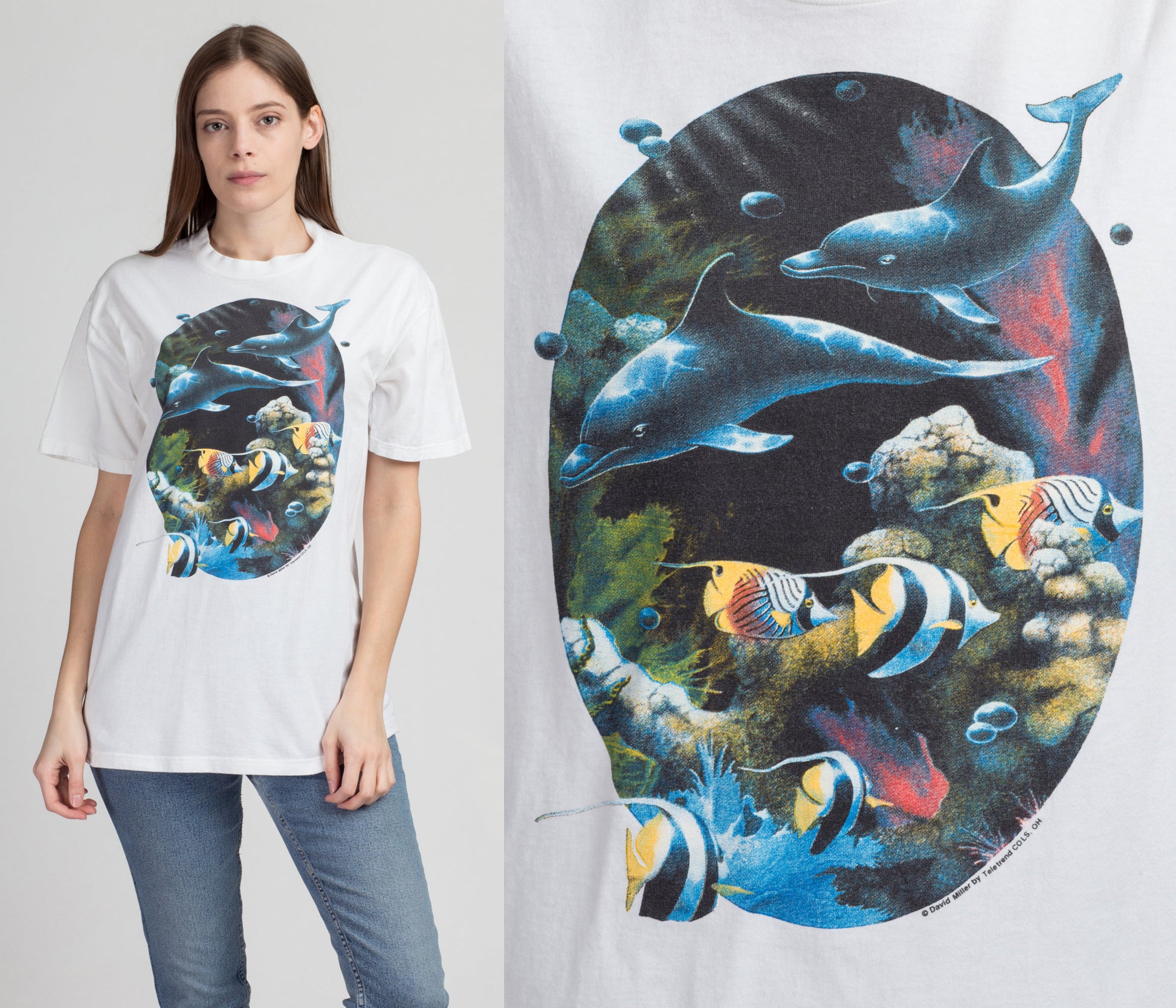 90s Dolphin Graphic Tee - Medium to Large | Vintage White Cotton Fish T Shirt