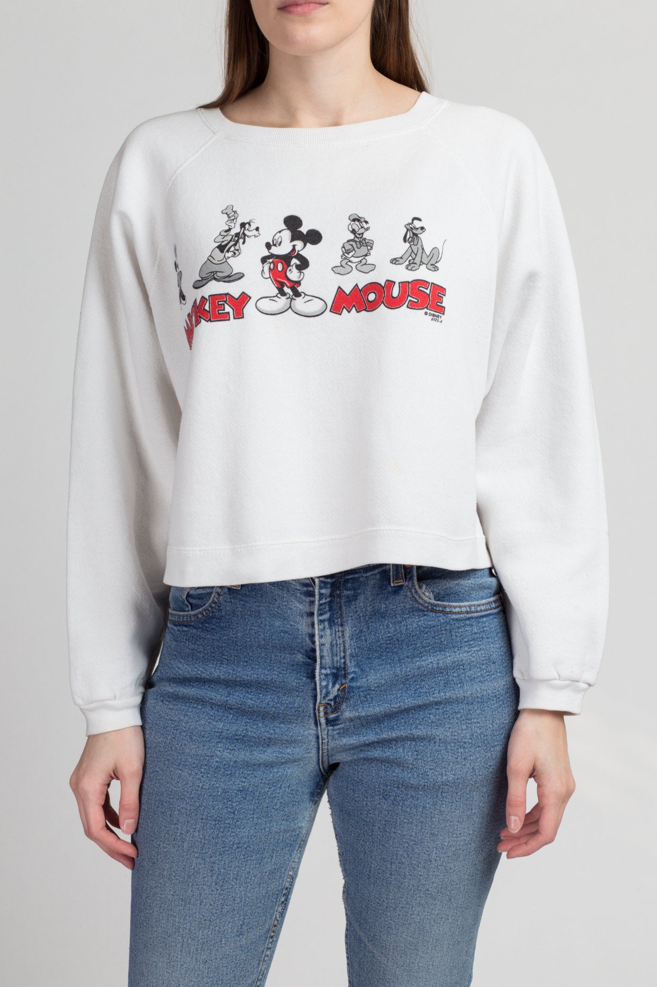 90s Mickey Mouse Cropped Sweatshirt - One Size | Vintage Jerry Leigh Cartoon White Raglan Sleeve Disney Pullover
