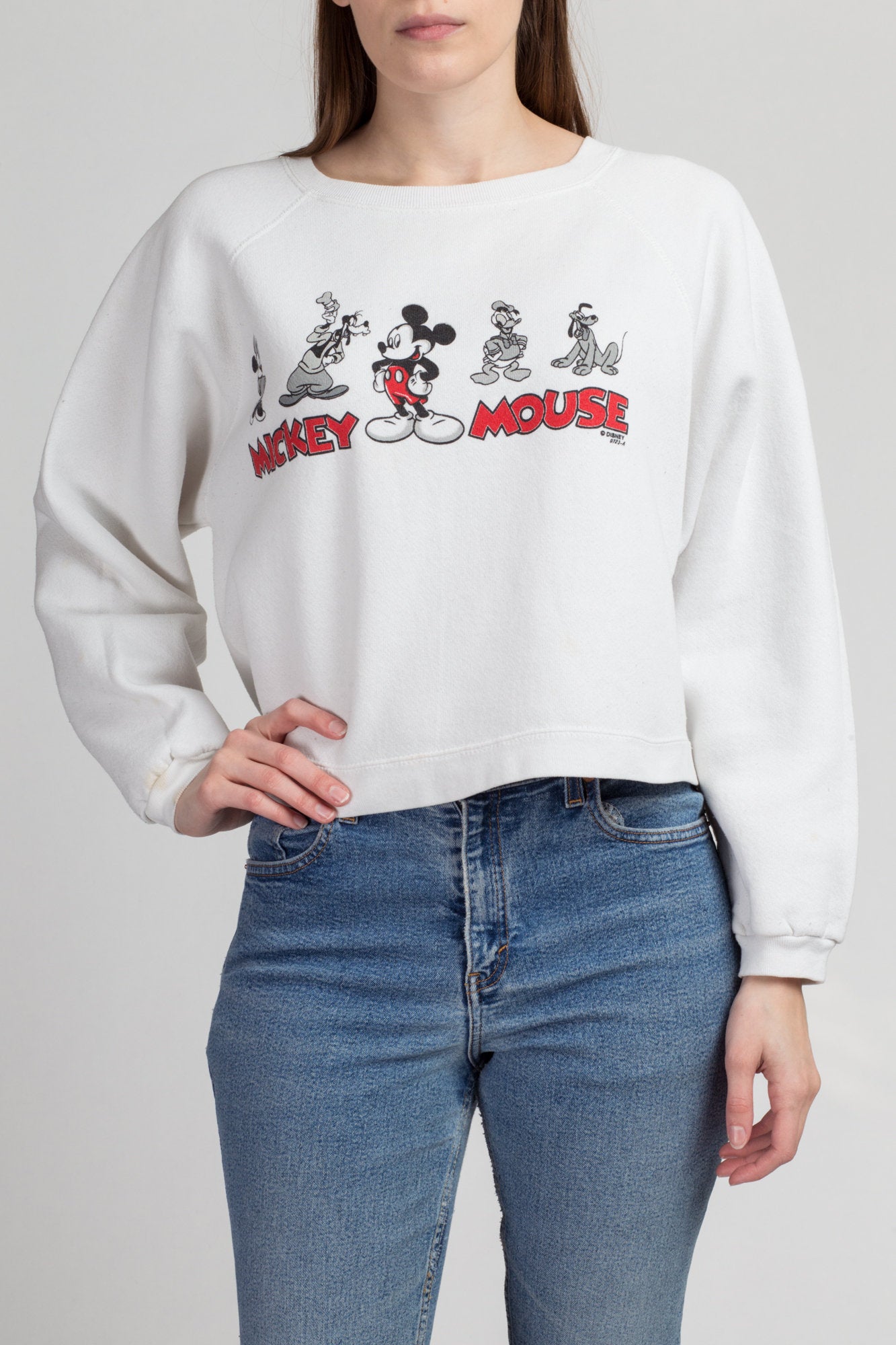 90s Mickey Mouse Cropped Sweatshirt - One Size | Vintage Jerry Leigh Cartoon White Raglan Sleeve Disney Pullover