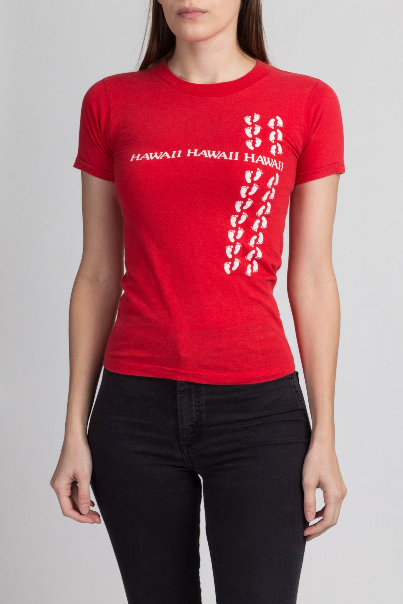 80s Hawaii Footprint T Shirt - XXS | Vintage Red Graphic Fitted Travel Tee