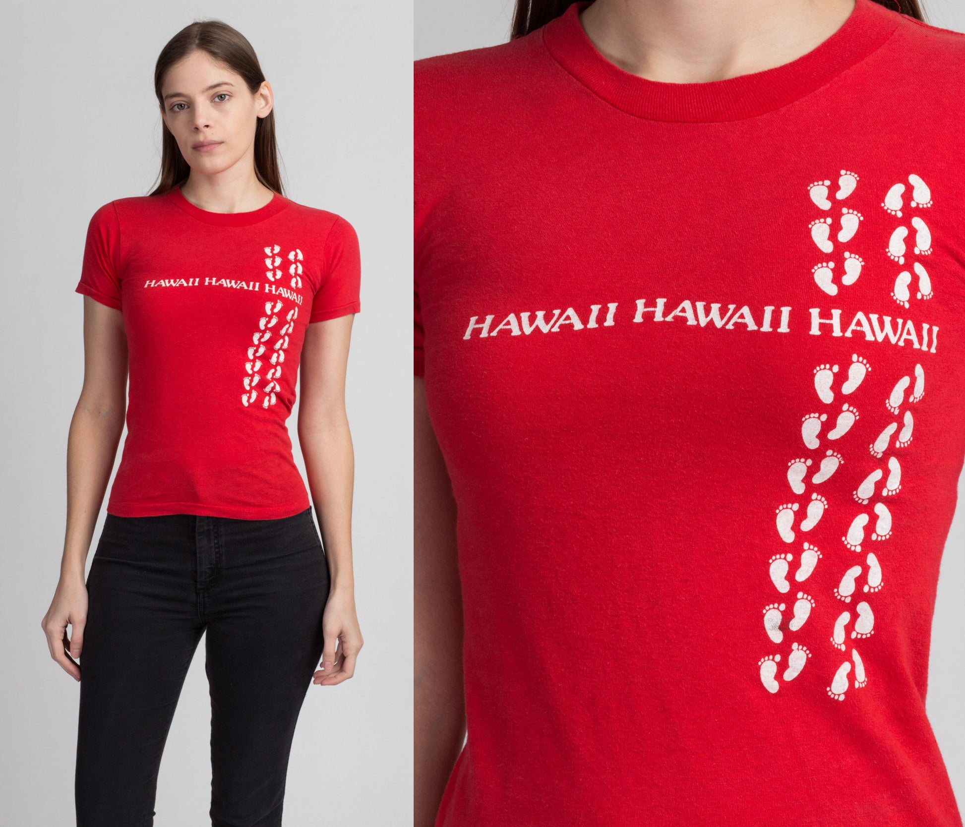 80s Hawaii Footprint T Shirt - XXS | Vintage Red Graphic Fitted Travel Tee