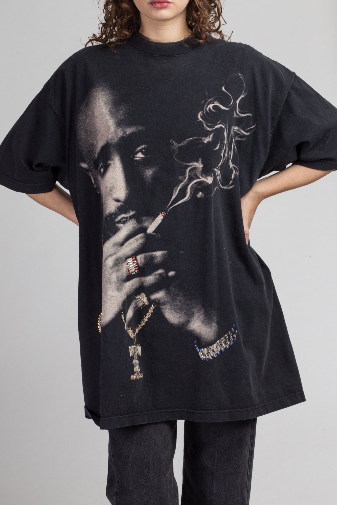 90s Tupac Shakur Jeweled Smoking T Shirt - Men&#39;s 2XL | Vintage Rare Graphic Hip Hop Rap Tee