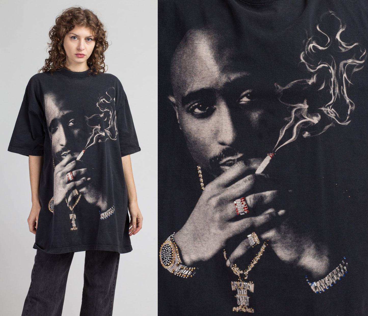 90s Tupac Shakur Jeweled Smoking T Shirt - Men&#39;s 2XL | Vintage Rare Graphic Hip Hop Rap Tee