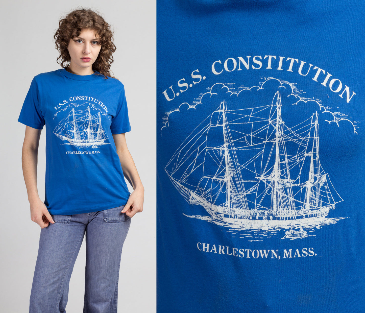 80s U.S.S. Constitution Ship T Shirt - Small to Medium | Vintage Charlestown Massachusetts Blue Graphic Tourist Tee