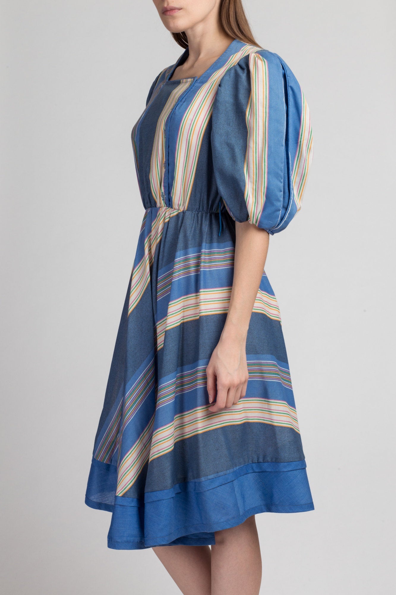 70s 80s Blue Striped Puff Sleeve Dress  - Small to Medium | Vintage Bee Darlin&#39; Fit & Flare Square Neck Boho Midi
