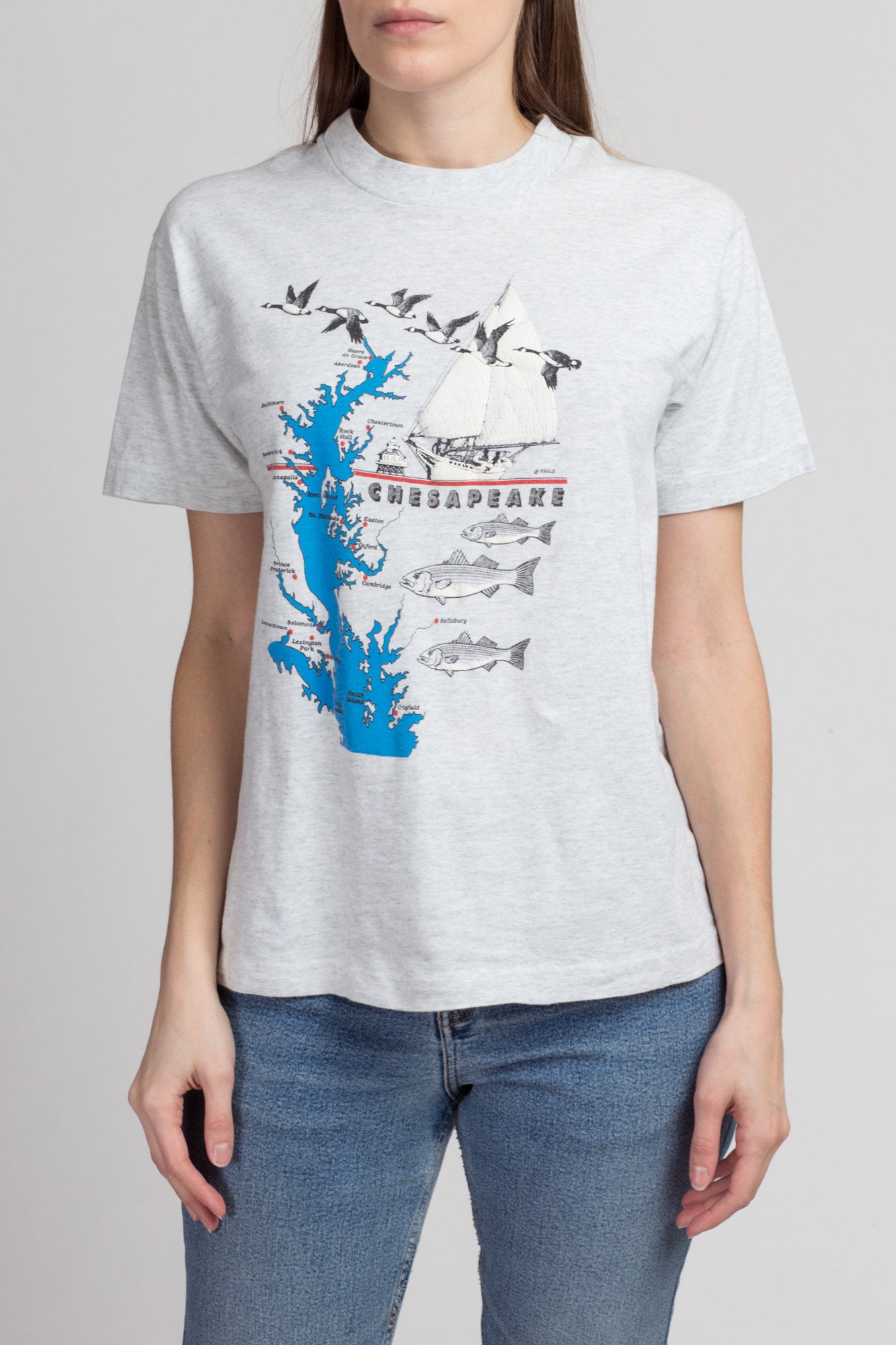 90s Chesapeake Bay Tourist Tee - Medium | Vintage Heather Gray Graphic Travel T Shirt