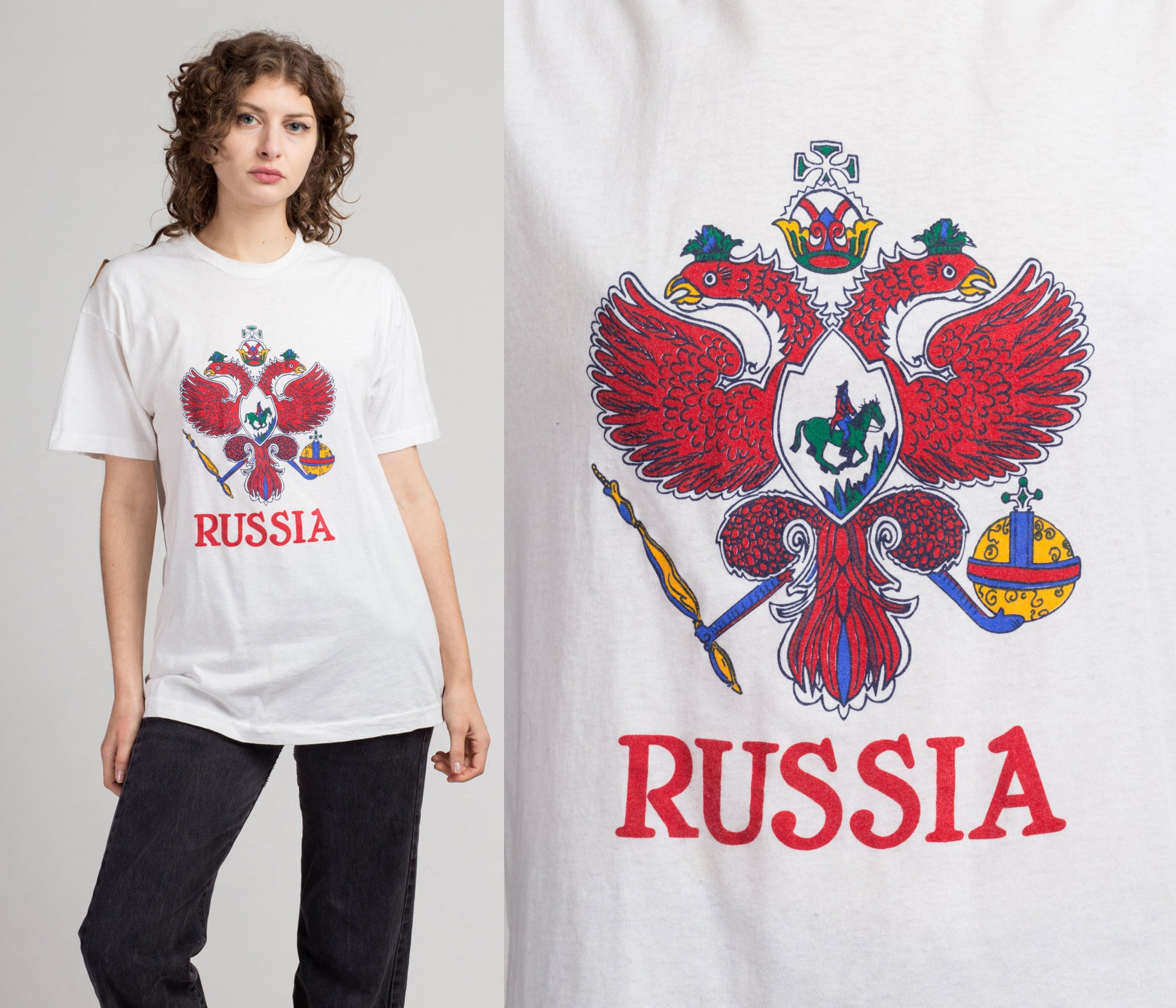 Vintage Russia T Shirt - Large | 80s 90s Unisex Russian Coat of Arms Graphic Tourist Travel Tee