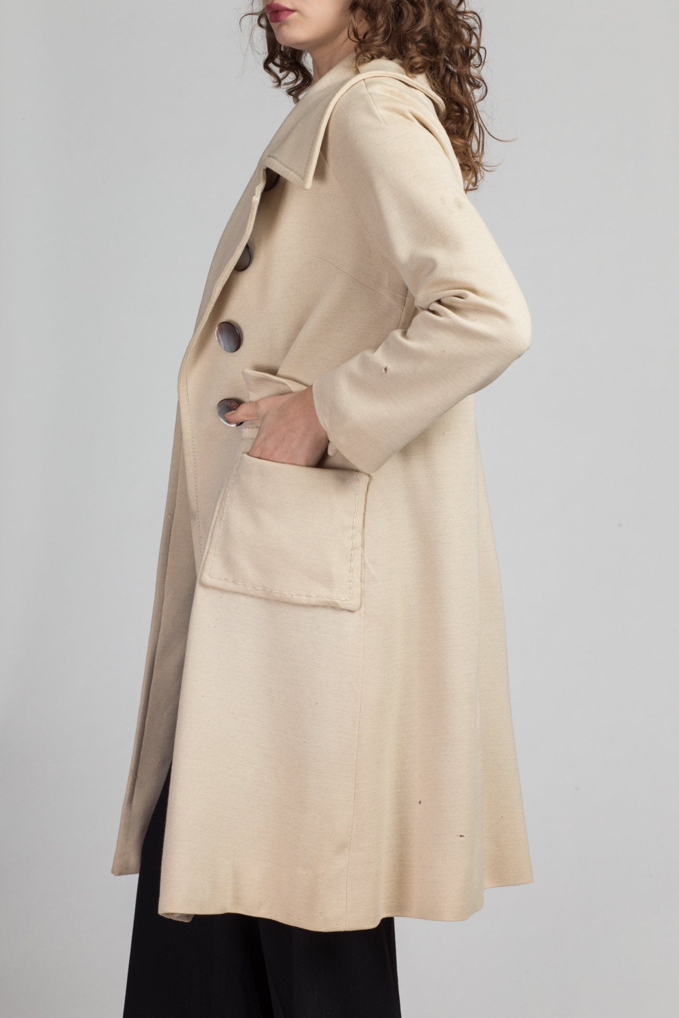 1950s Scherrer Ivory Wool Notched Collar Coat - Medium | Vintage 50s Button Up Embroidered Long Winter Jacket