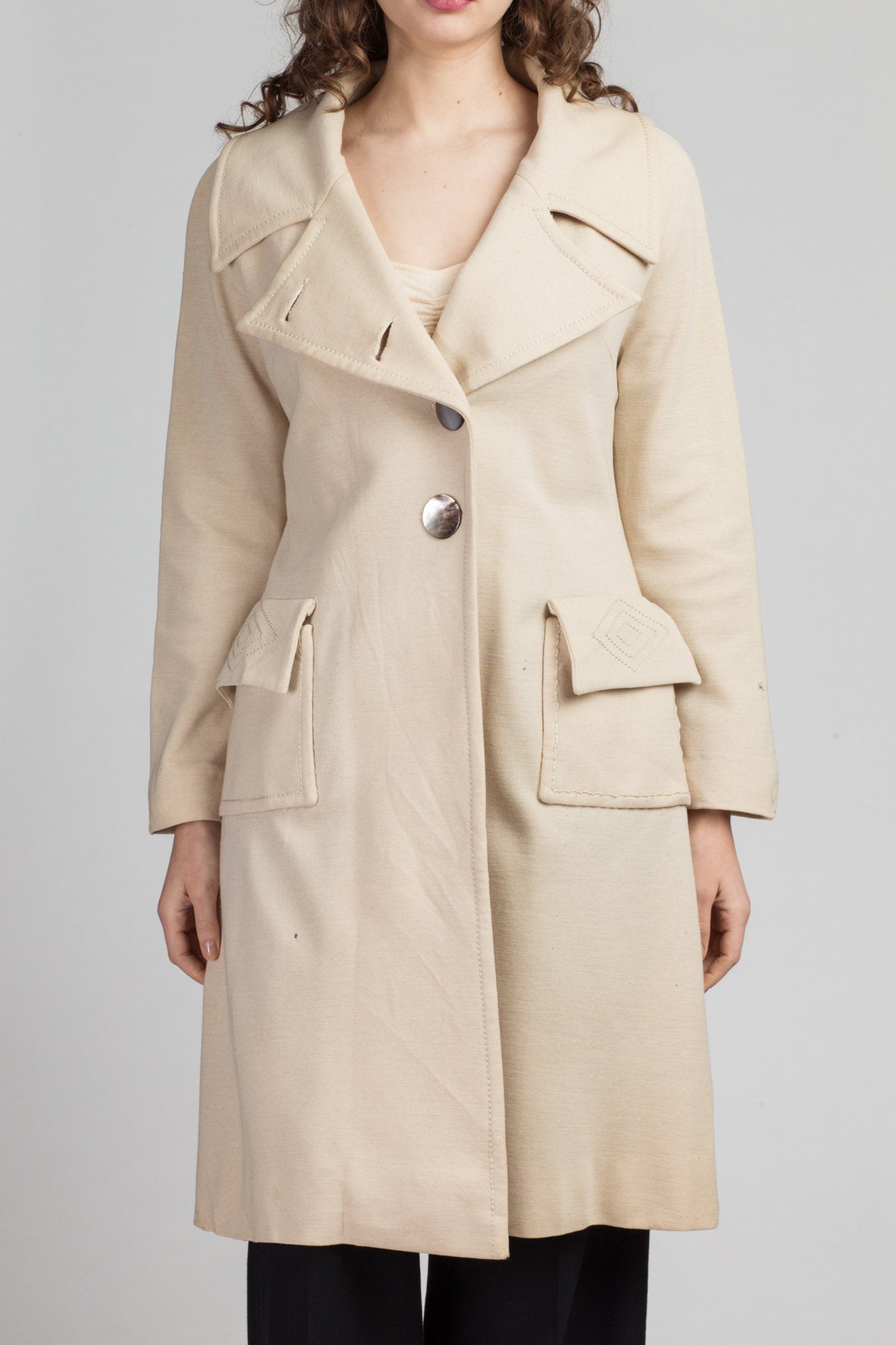 1950s Scherrer Ivory Wool Notched Collar Coat - Medium | Vintage 50s Button Up Embroidered Long Winter Jacket