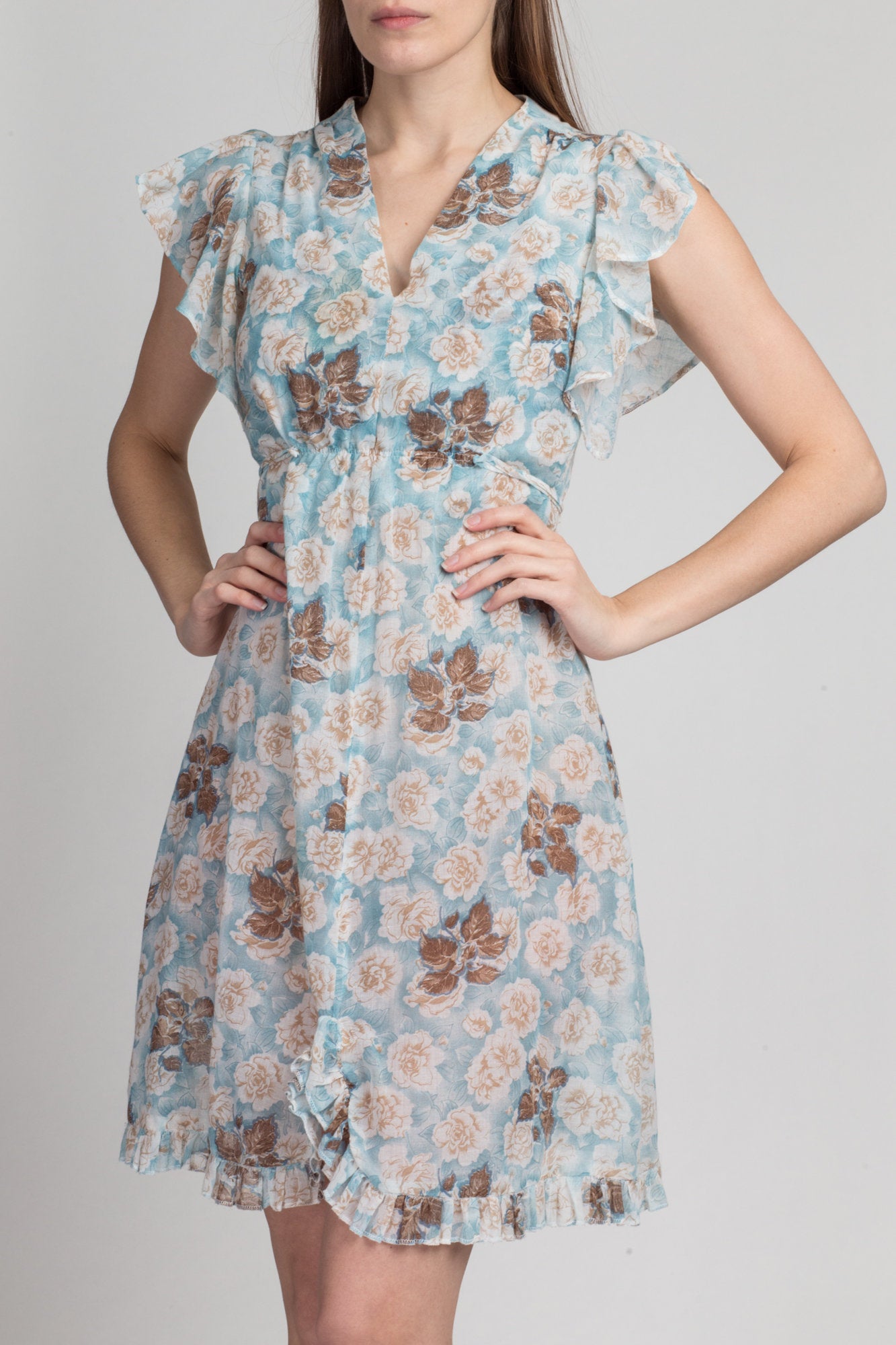 70s Sheer Blue Floral Flutter Sleeve Mini Dress - XS to Small | Vintage Boho A Line Hippie Sundress
