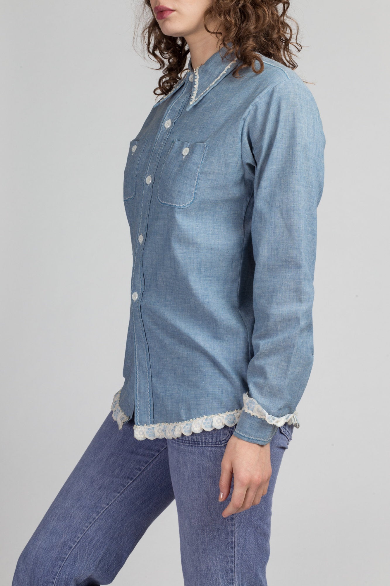 70s Chambray Whale Patchwork Shirt - Small | Vintage Blue Lightweight Lace Trim Button Up Top