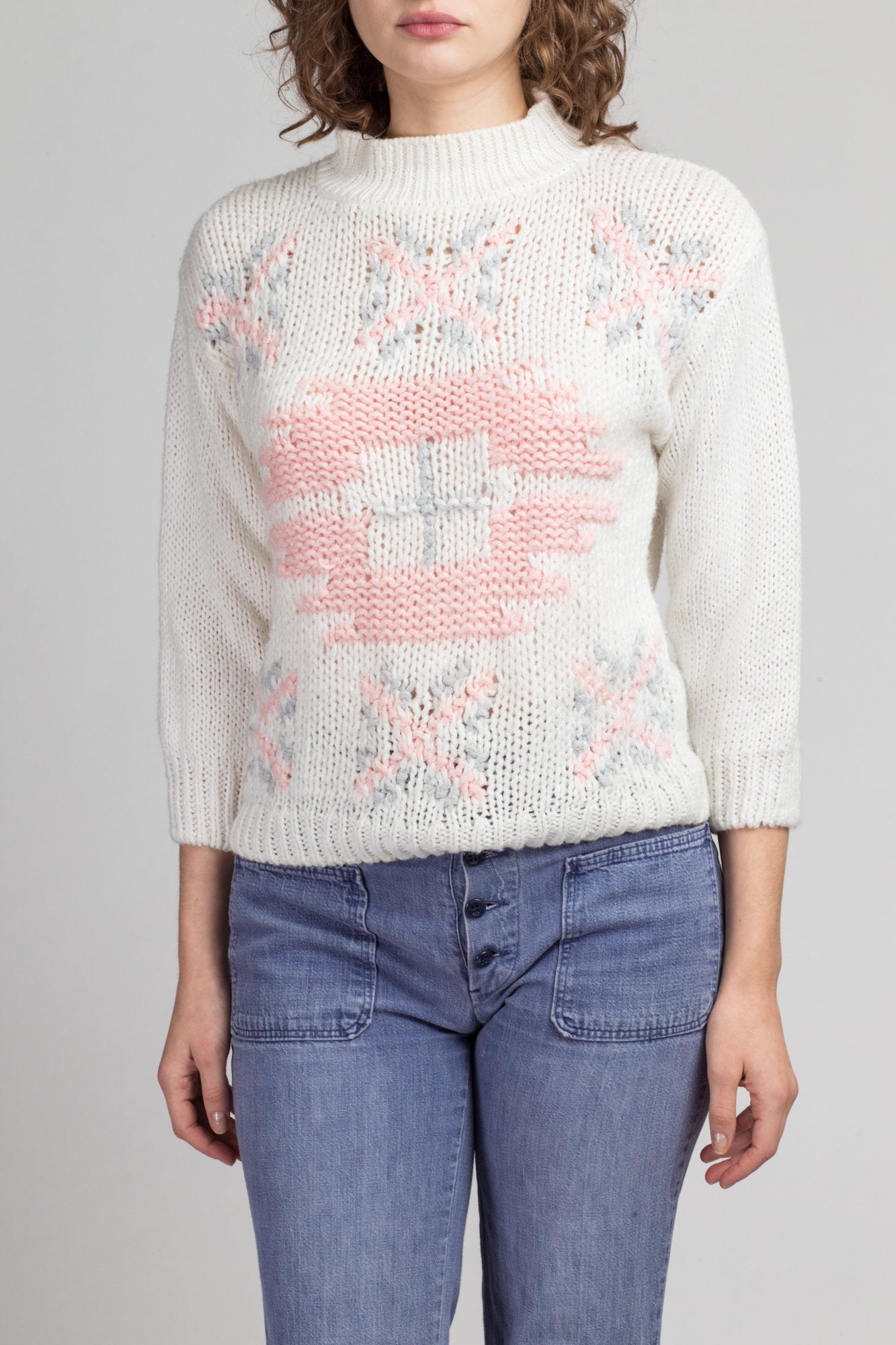 Vintage Girly Mockneck Cropped Knit Sweater - Petite Small | 80s Geometric Pink White Pullover Jumper Top