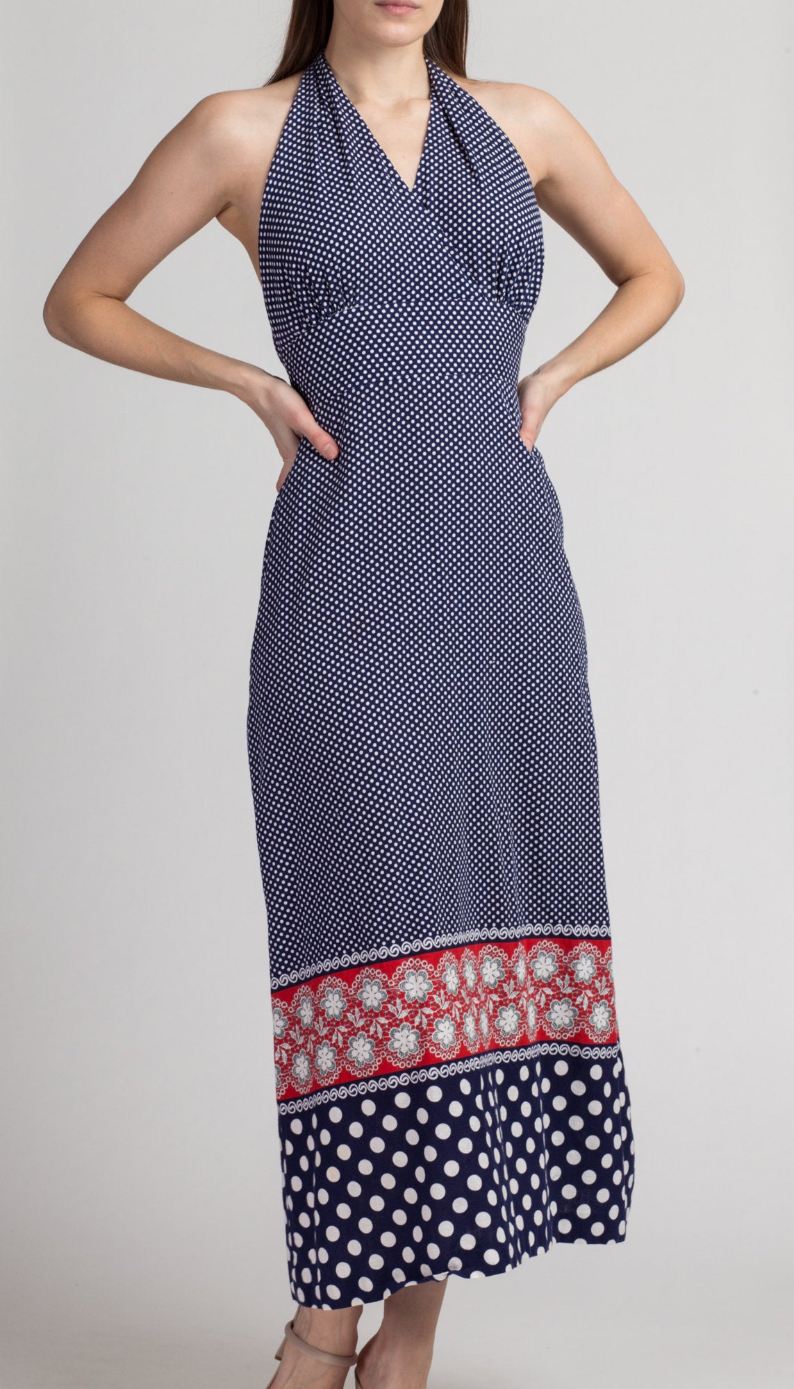 60s 70s Polka Dot Maxi Halter Sundress - Small | Vintage Blue Red Low Back Boho Dress