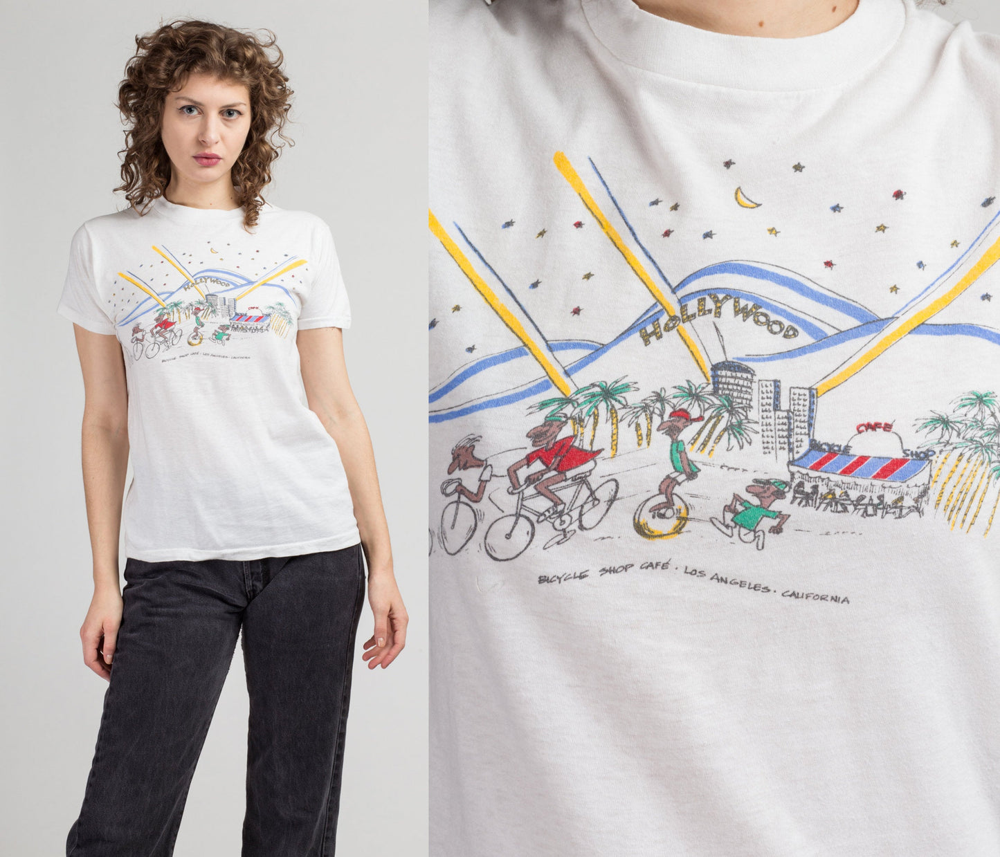 Vintage Hollywood Bicycle Shop Cafe T Shirt - Small to Medium | 80s White Graphic Los Angeles California Tourist Tee