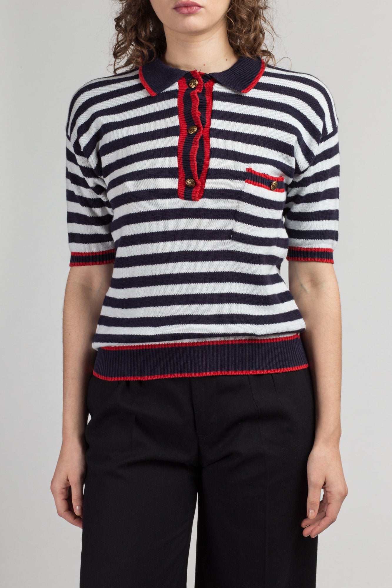 Vintage Deans Of Scotland Striped Knit Polo Shirt - Small | 80s Red Black White Collared Crop Top