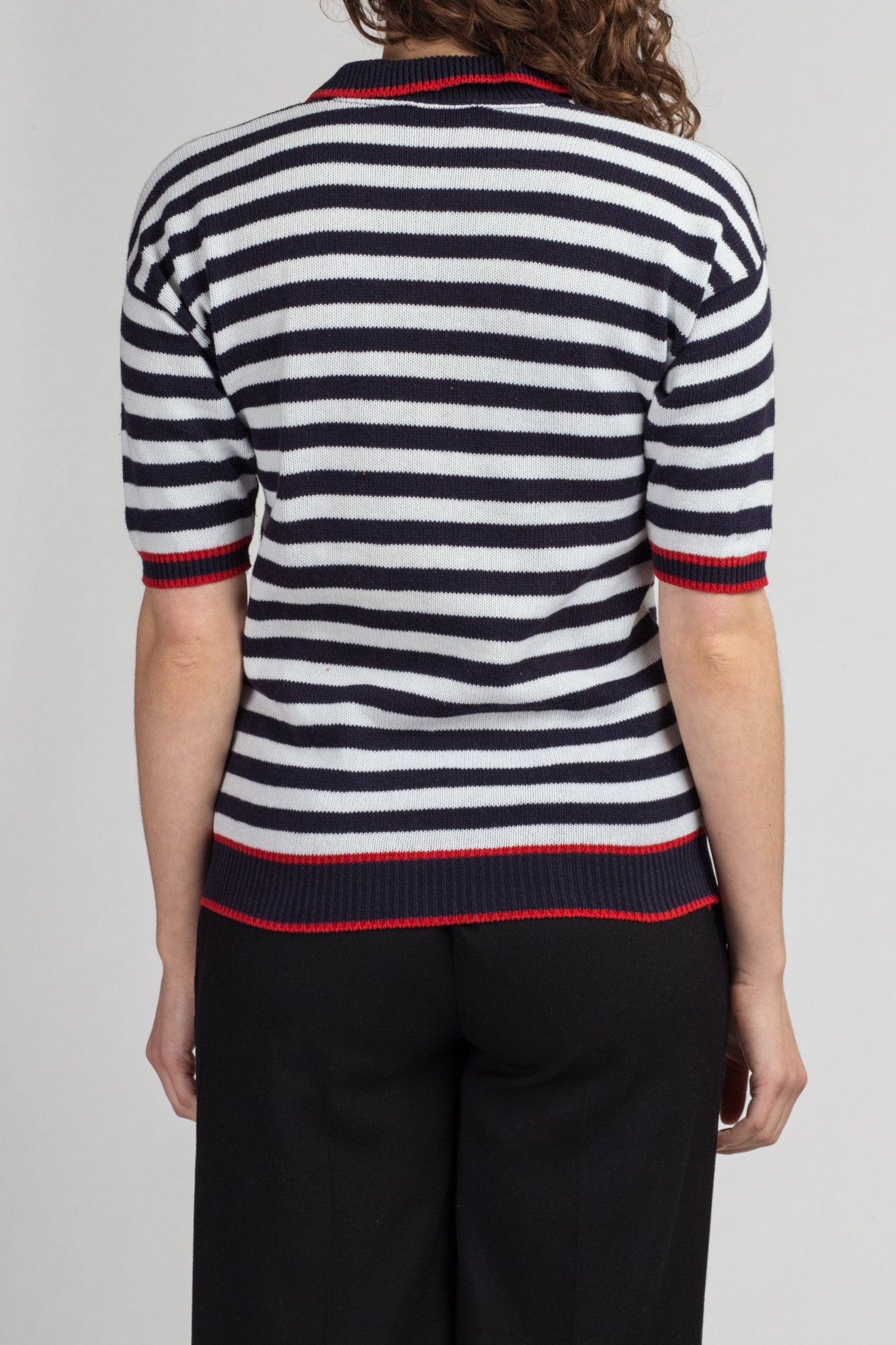 Vintage Deans Of Scotland Striped Knit Polo Shirt - Small | 80s Red Black White Collared Crop Top