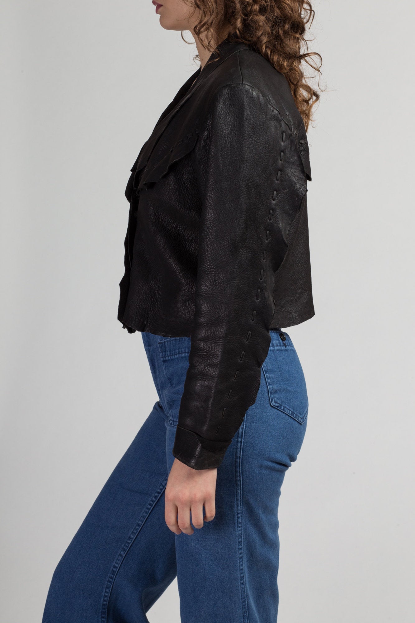 90s Zephyr Unlimited Raw Edge Cropped Leather Jacket - Medium | Vintage Black Southwestern Silver Button Up Biker Coat