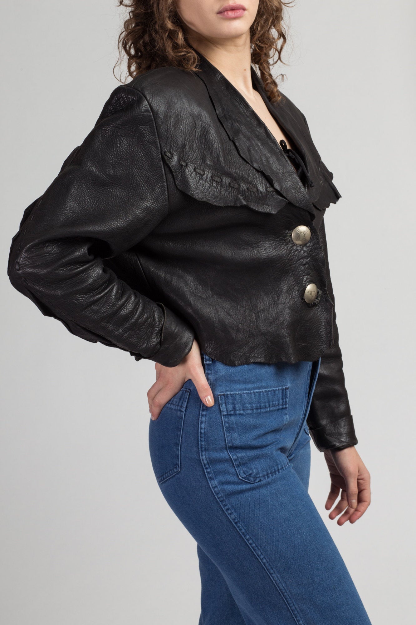 90s Zephyr Unlimited Raw Edge Cropped Leather Jacket - Medium | Vintage Black Southwestern Silver Button Up Biker Coat