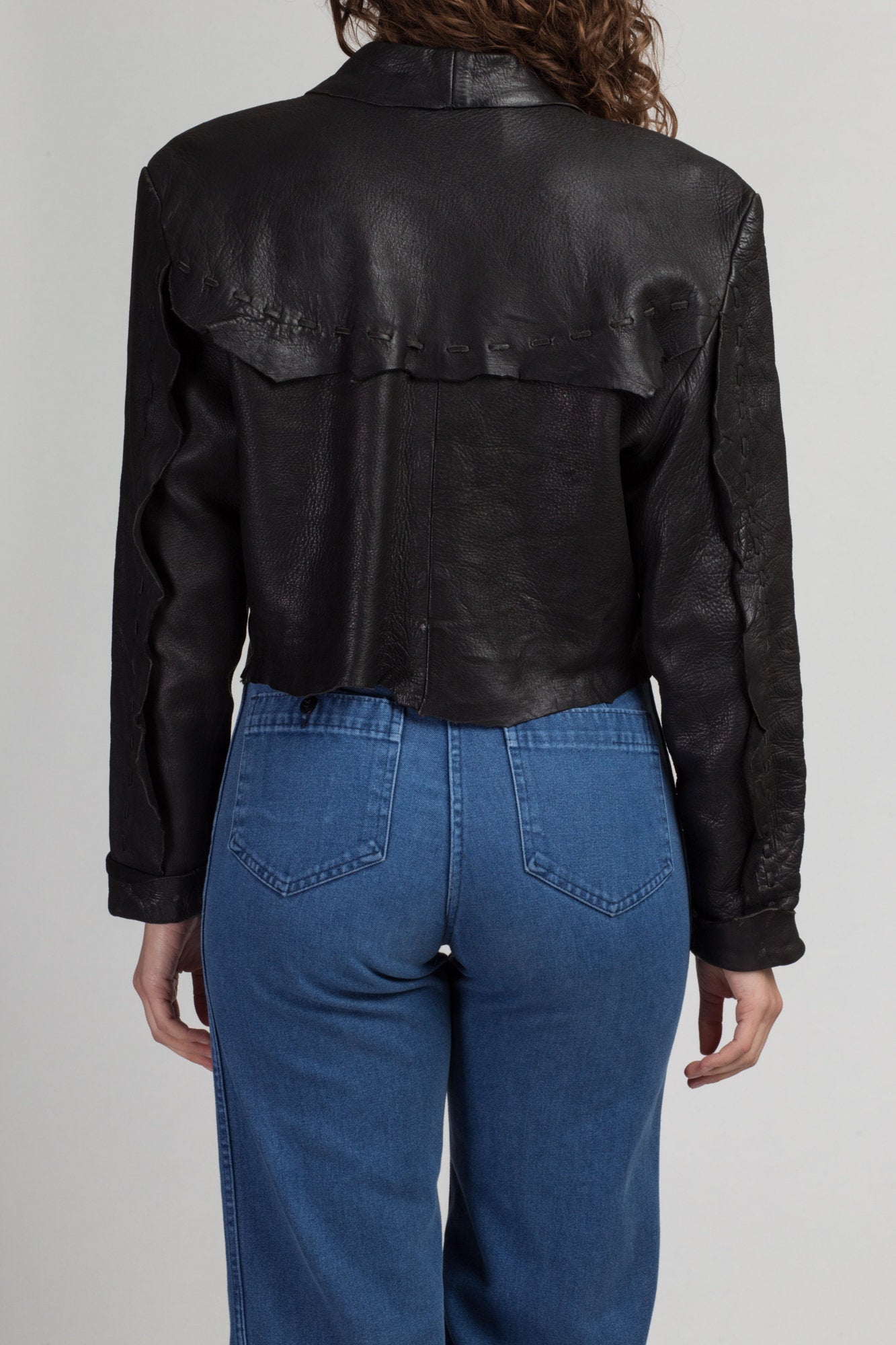 90s Zephyr Unlimited Raw Edge Cropped Leather Jacket - Medium | Vintage Black Southwestern Silver Button Up Biker Coat