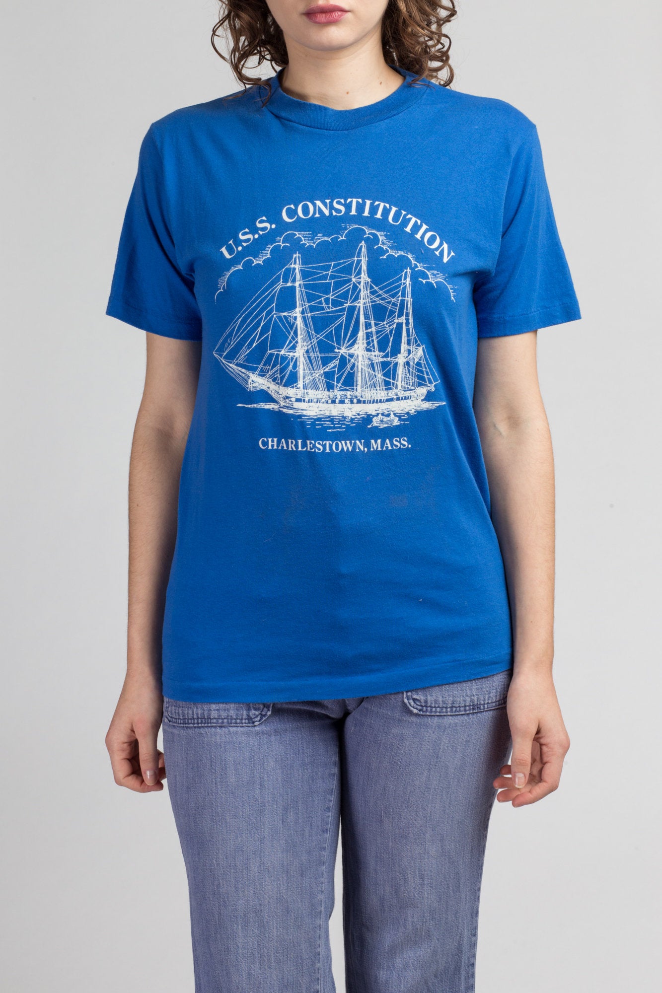 80s U.S.S. Constitution Ship T Shirt - Small to Medium | Vintage Charlestown Massachusetts Blue Graphic Tourist Tee