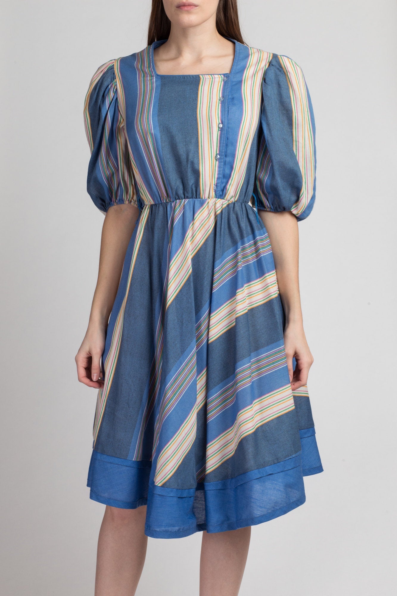 70s 80s Blue Striped Puff Sleeve Dress  - Small to Medium | Vintage Bee Darlin&#39; Fit & Flare Square Neck Boho Midi