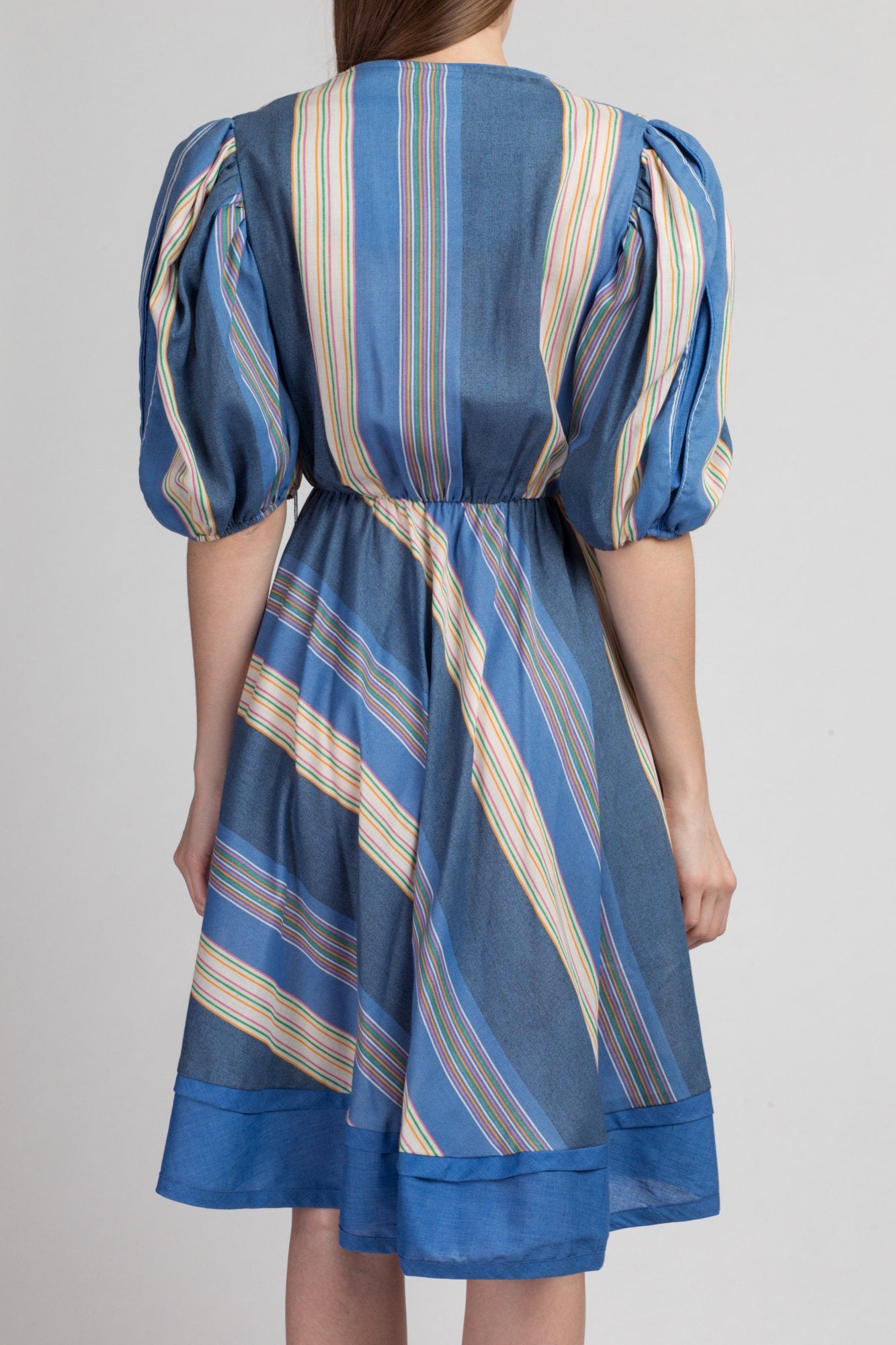 70s 80s Blue Striped Puff Sleeve Dress  - Small to Medium | Vintage Bee Darlin&#39; Fit & Flare Square Neck Boho Midi