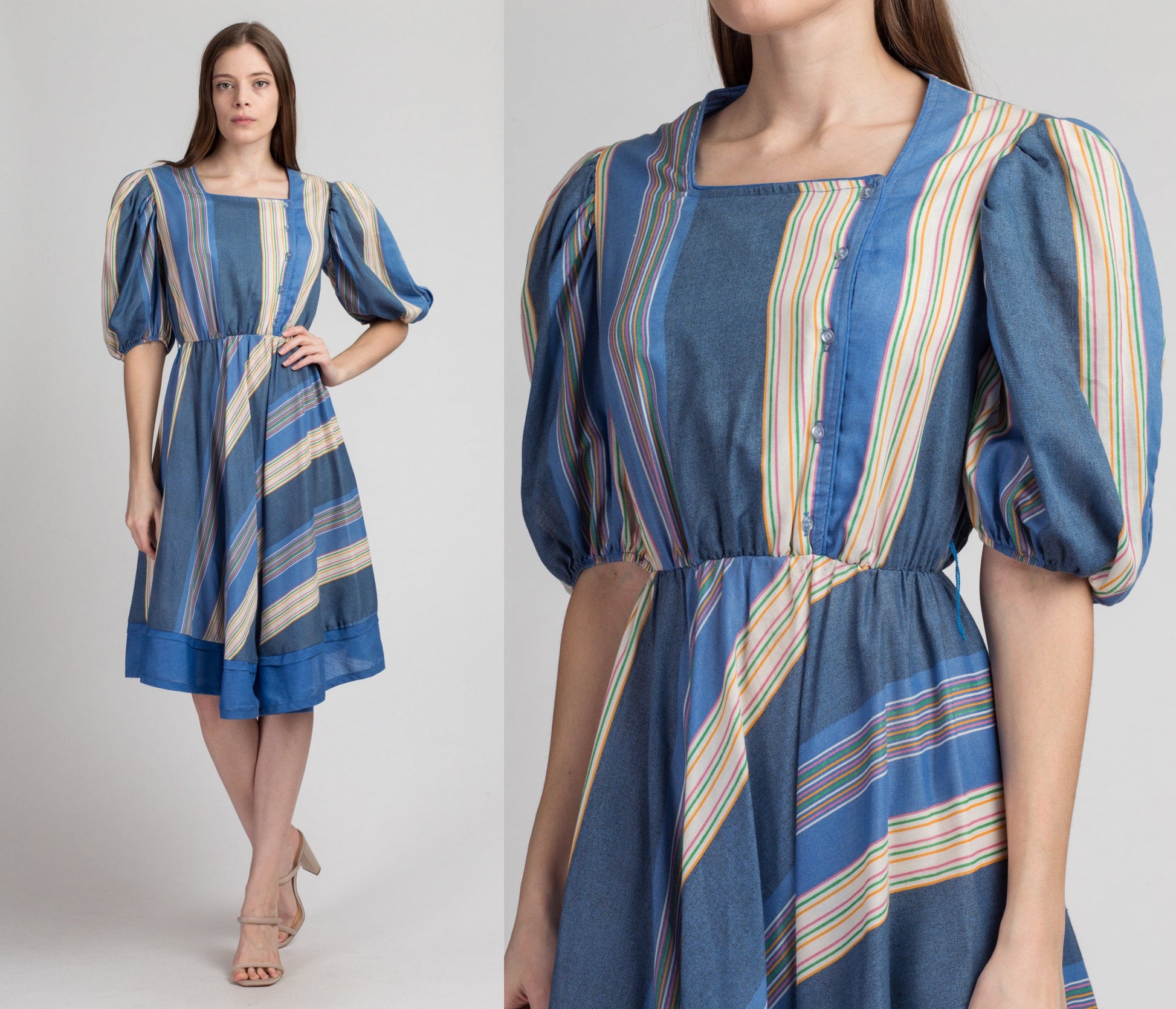 70s 80s Blue Striped Puff Sleeve Dress - Small to Medium – Flying