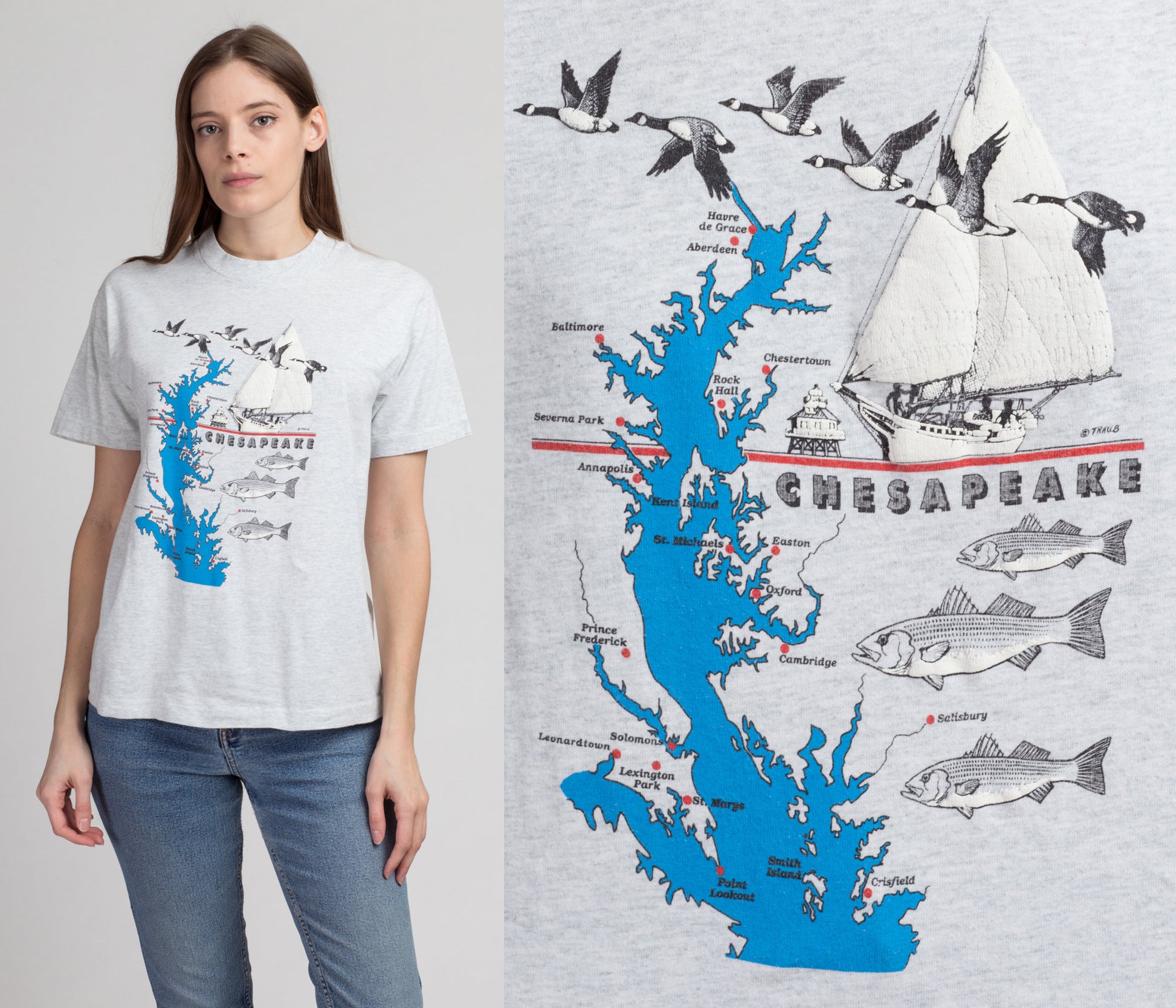 90s Chesapeake Bay Tourist Tee - Medium | Vintage Heather Gray Graphic Travel T Shirt