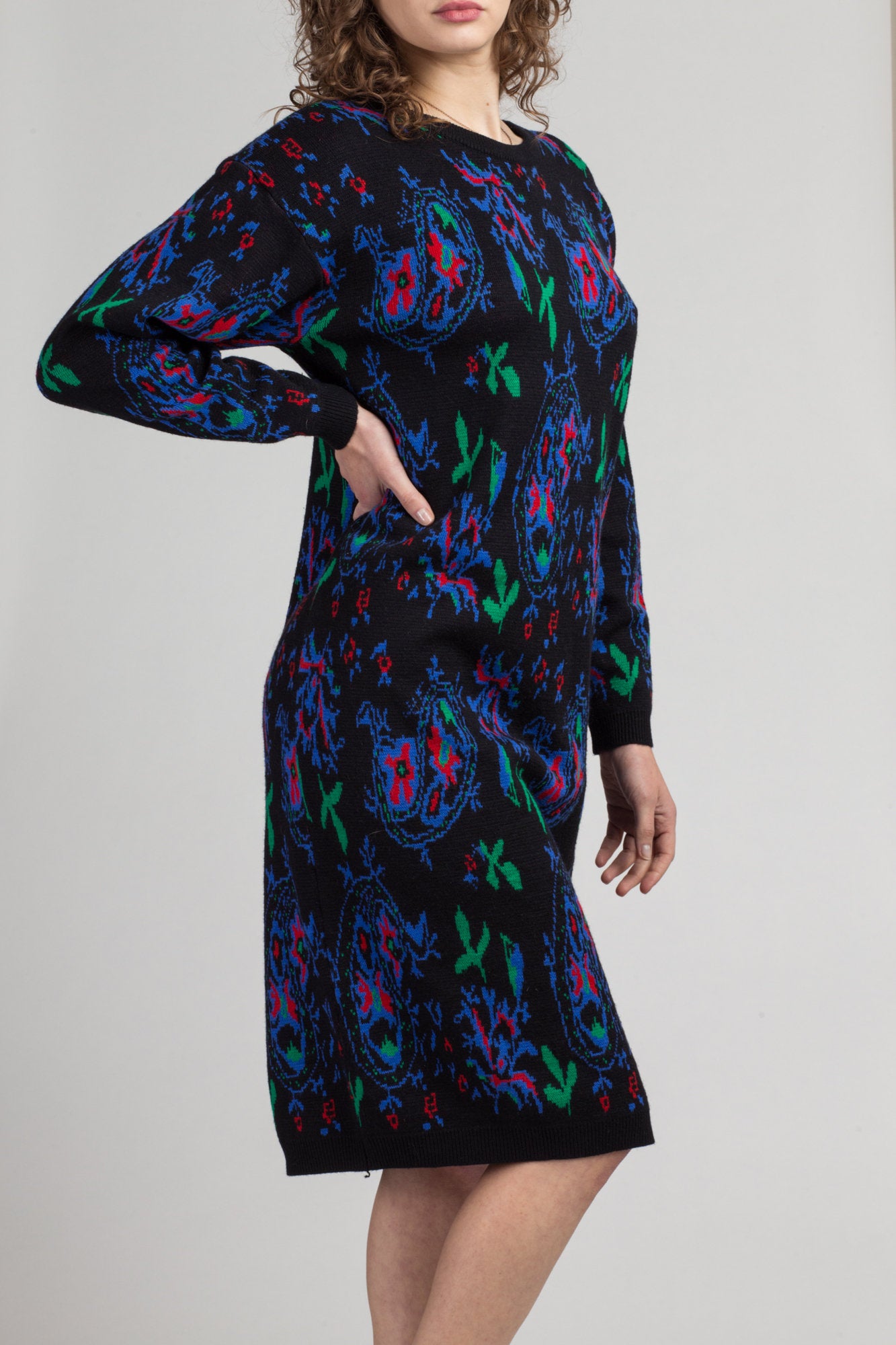 80s Black Floral Paisley Sweater Dress - Medium | Vintage Liz Claiborne Long Sleeve Knit Oversize Pullover Midi Dress
