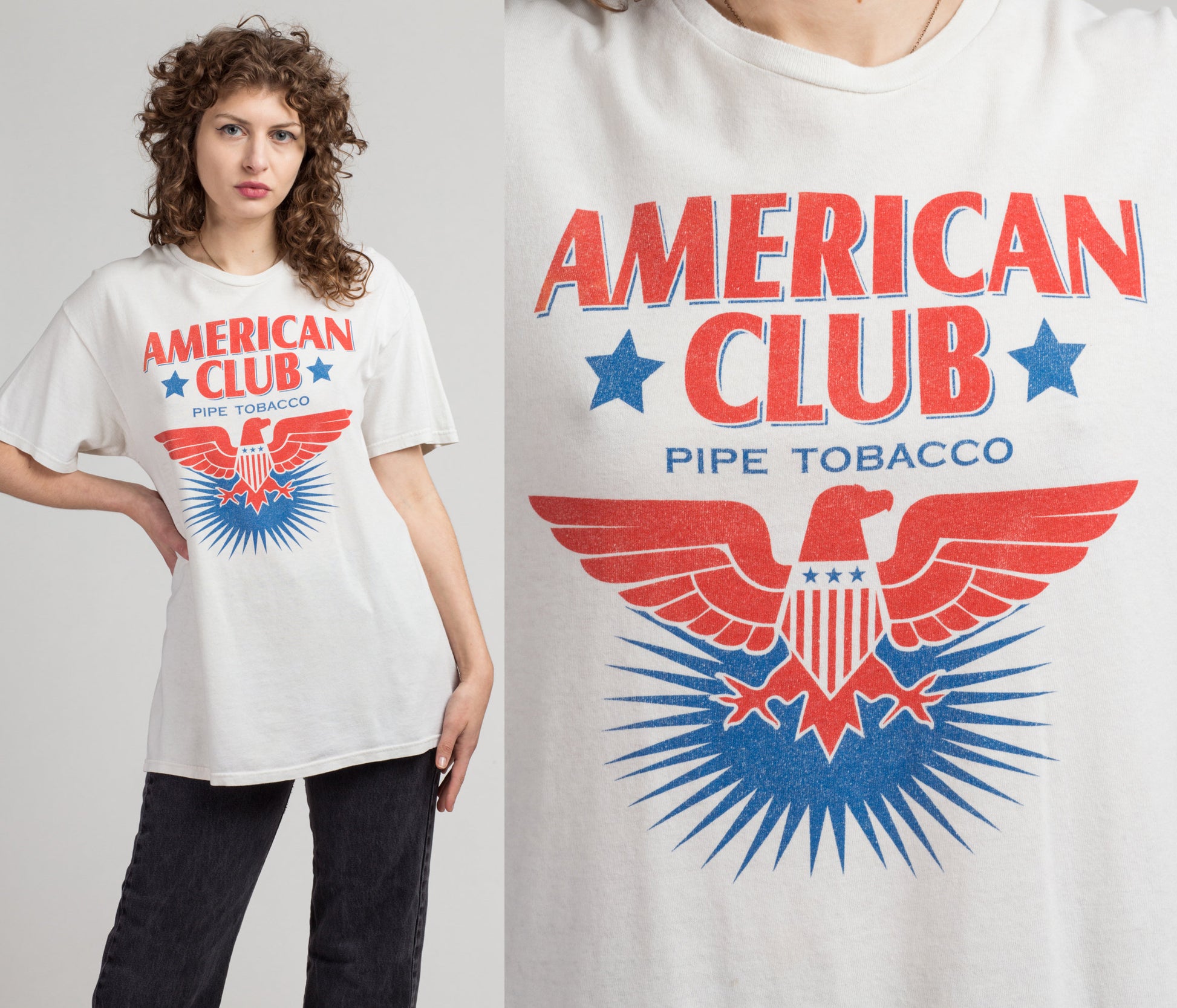 Vintage American Club Pipe Tobacco T Shirt - Large | 90s Red White Blue Retro Graphic Tee