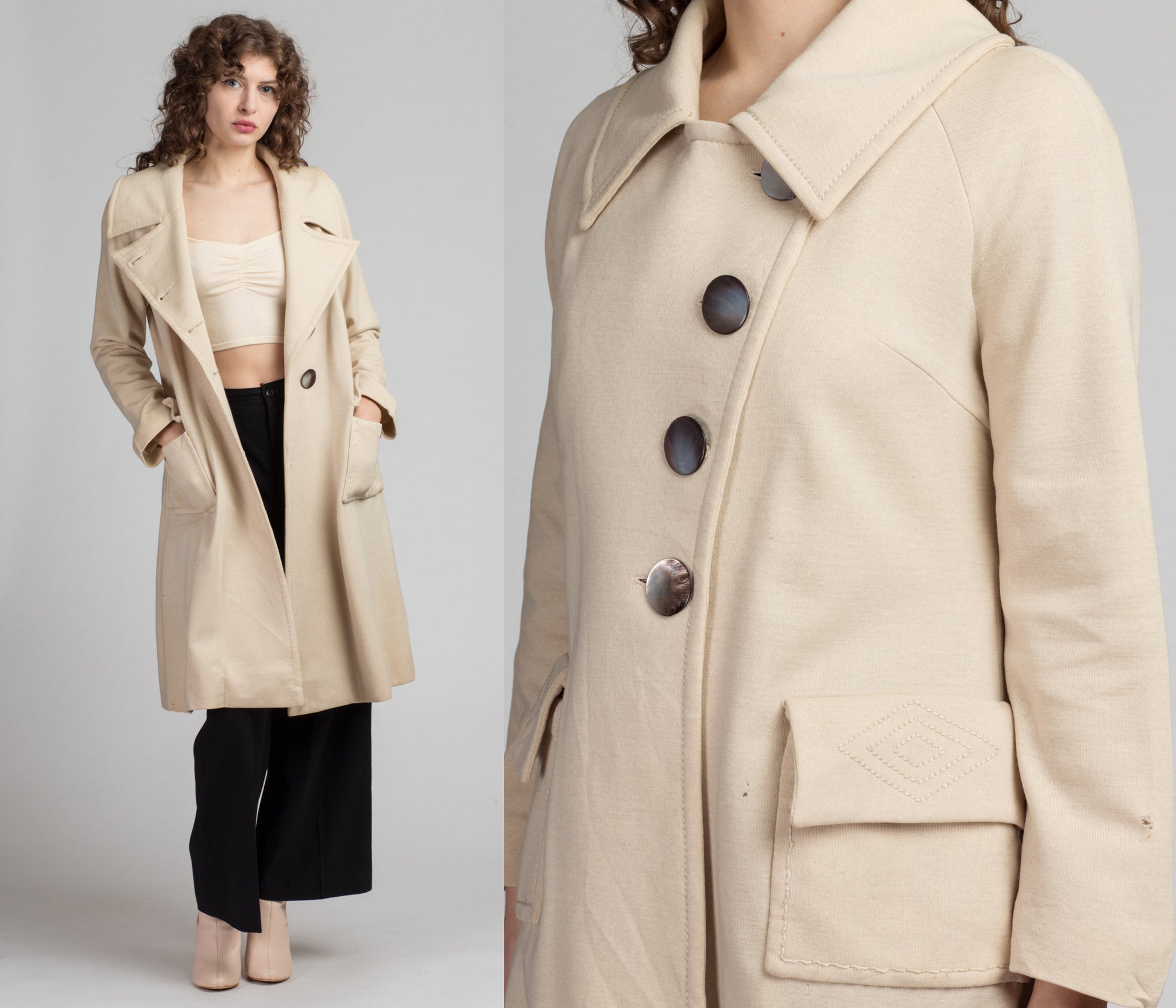 1950s Scherrer Ivory Wool Notched Collar Coat - Medium | Vintage 50s Button Up Embroidered Long Winter Jacket