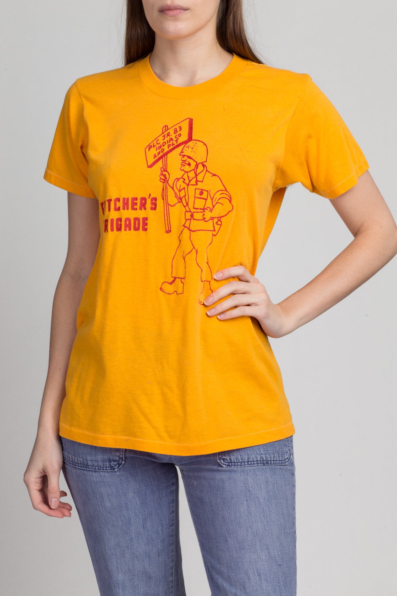 80s Butcher&#39;s Brigade Graphic T Shirt - Medium to Large | Vintage Screen Stars Yellow Army Tee