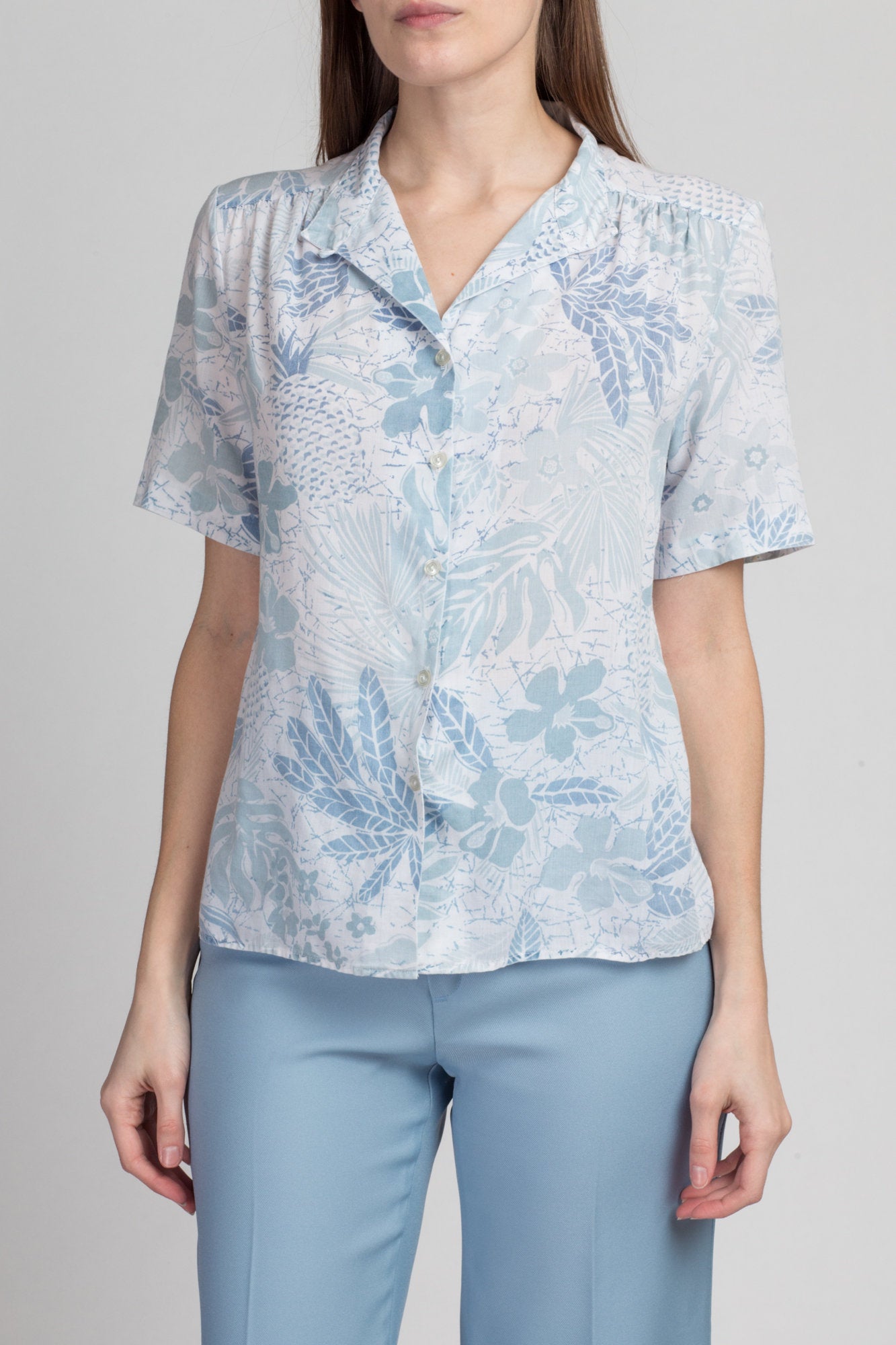 80s Blue Floral Button Up Blouse - Medium | Vintage Pykettes Short Sleeve Collared Top