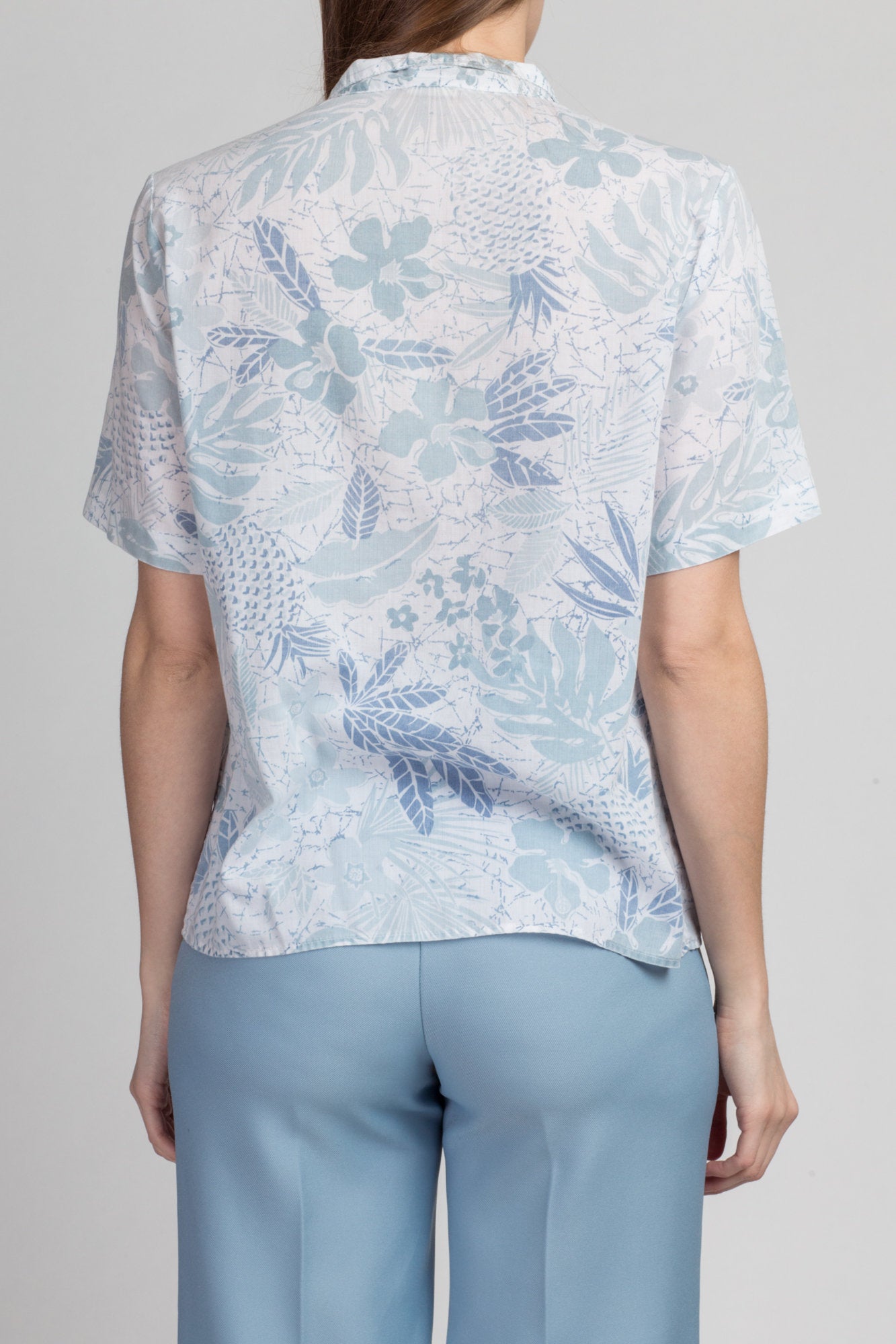 80s Blue Floral Button Up Blouse - Medium | Vintage Pykettes Short Sleeve Collared Top