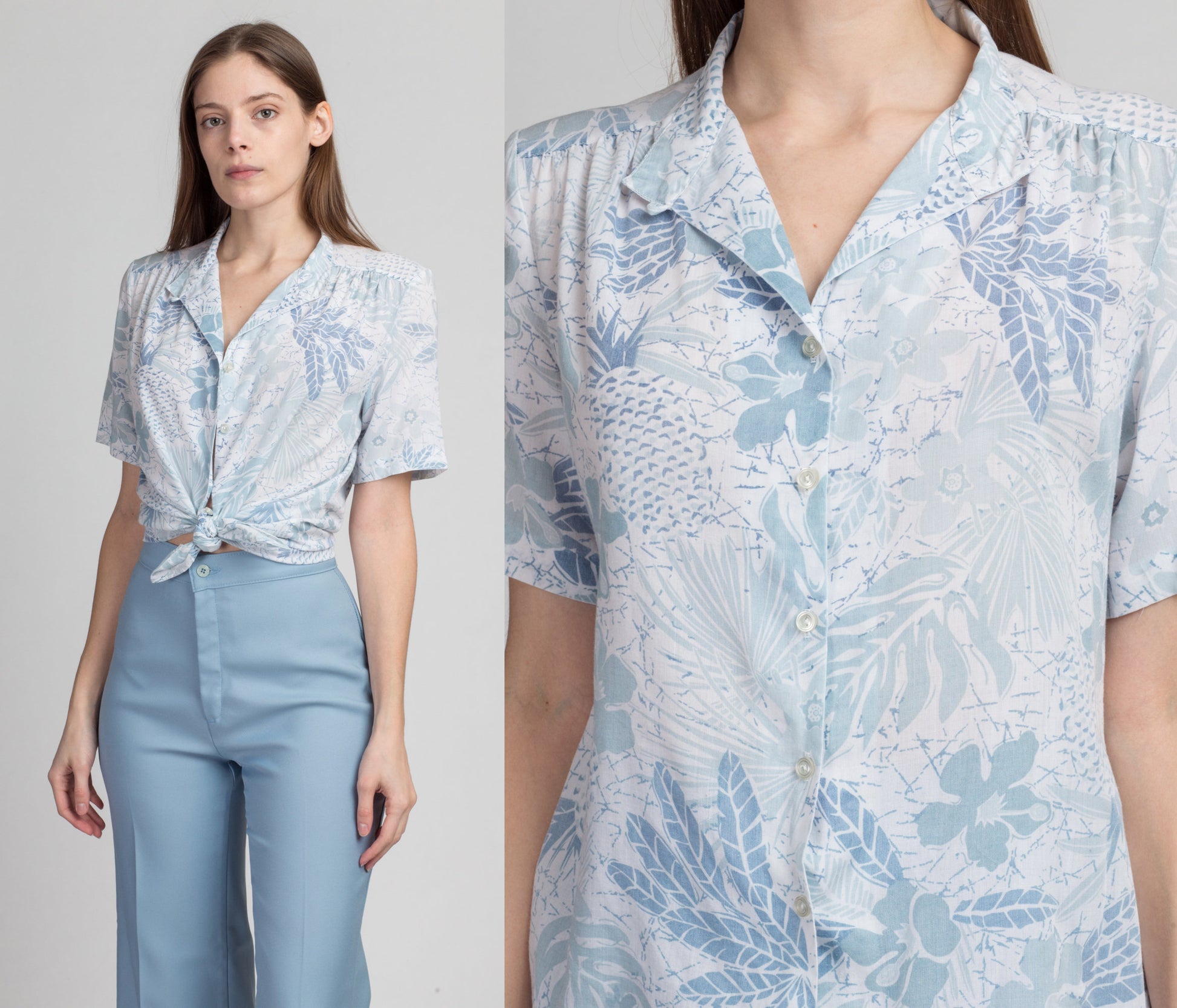 80s Blue Floral Button Up Blouse - Medium | Vintage Pykettes Short Sleeve Collared Top