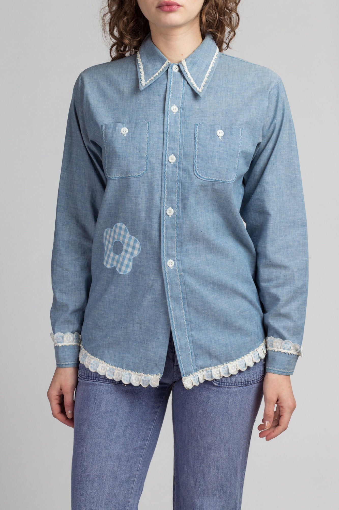 70s Chambray Whale Patchwork Shirt - Small | Vintage Blue Lightweight Lace Trim Button Up Top
