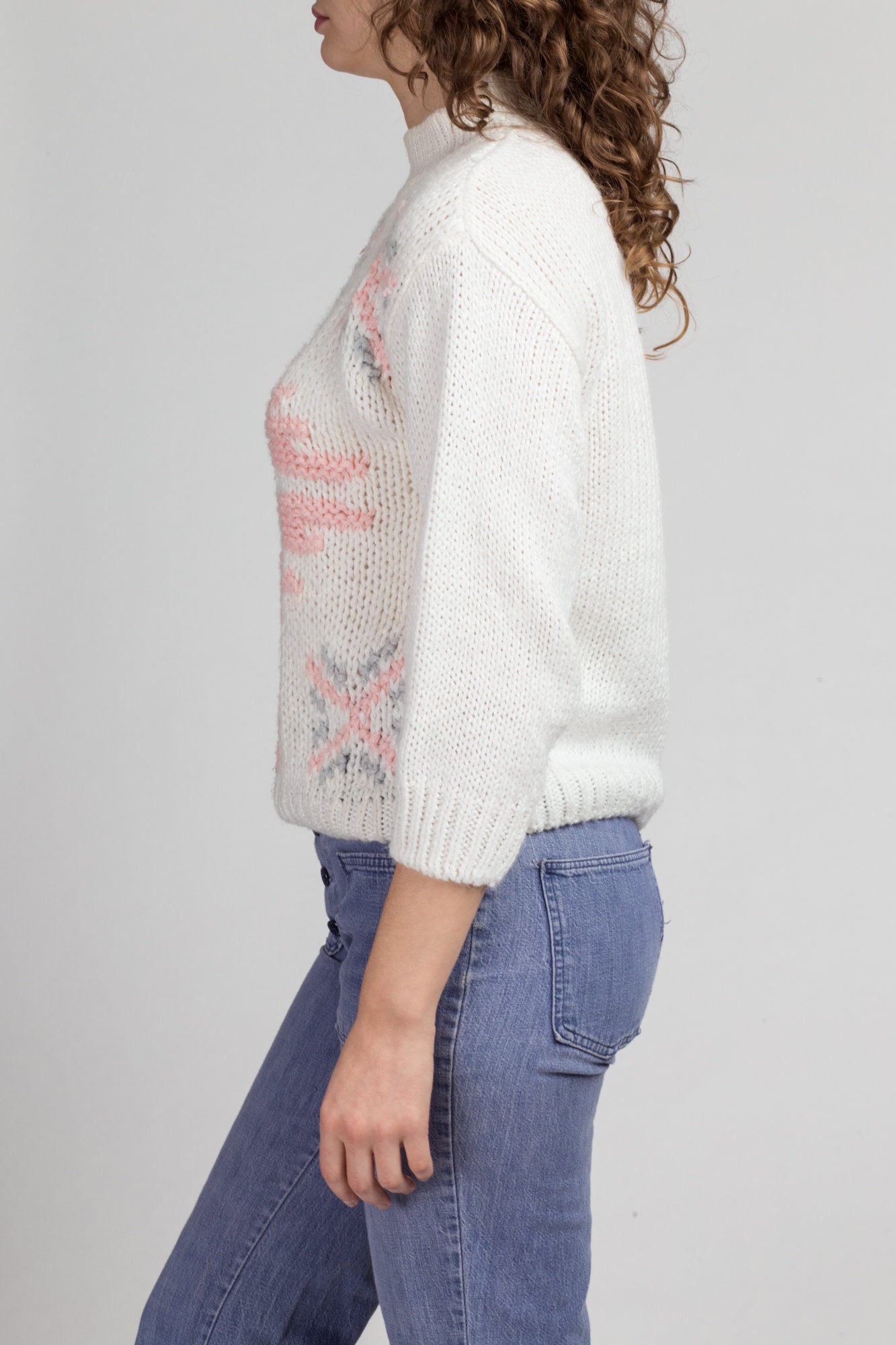 Vintage Girly Mockneck Cropped Knit Sweater - Petite Small | 80s Geometric Pink White Pullover Jumper Top