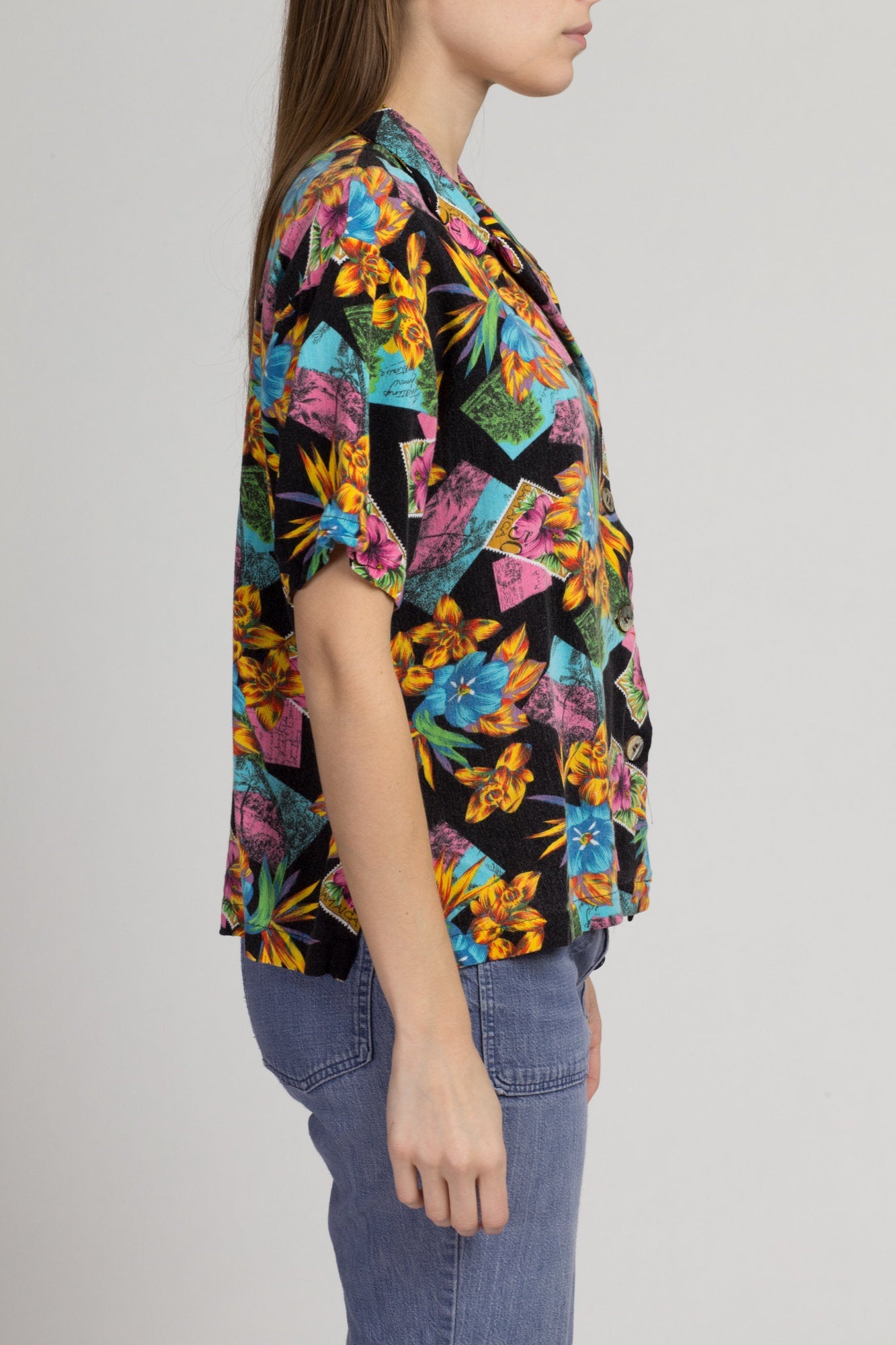 Vintage Hawaiian Floral Postcard Aloha Shirt - Extra Large | 90s Boho Tropical Button Up Short Sleeve Top