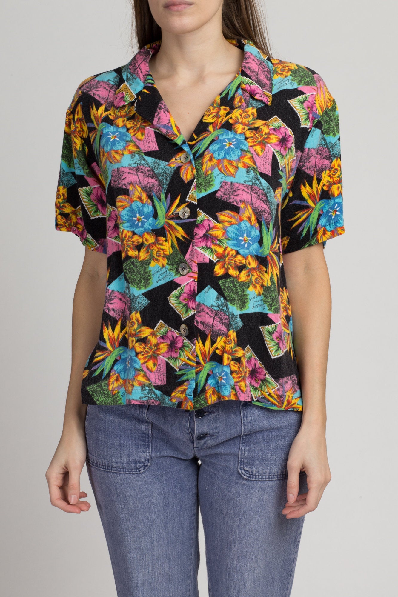Vintage Hawaiian Floral Postcard Aloha Shirt - Extra Large | 90s Boho Tropical Button Up Short Sleeve Top