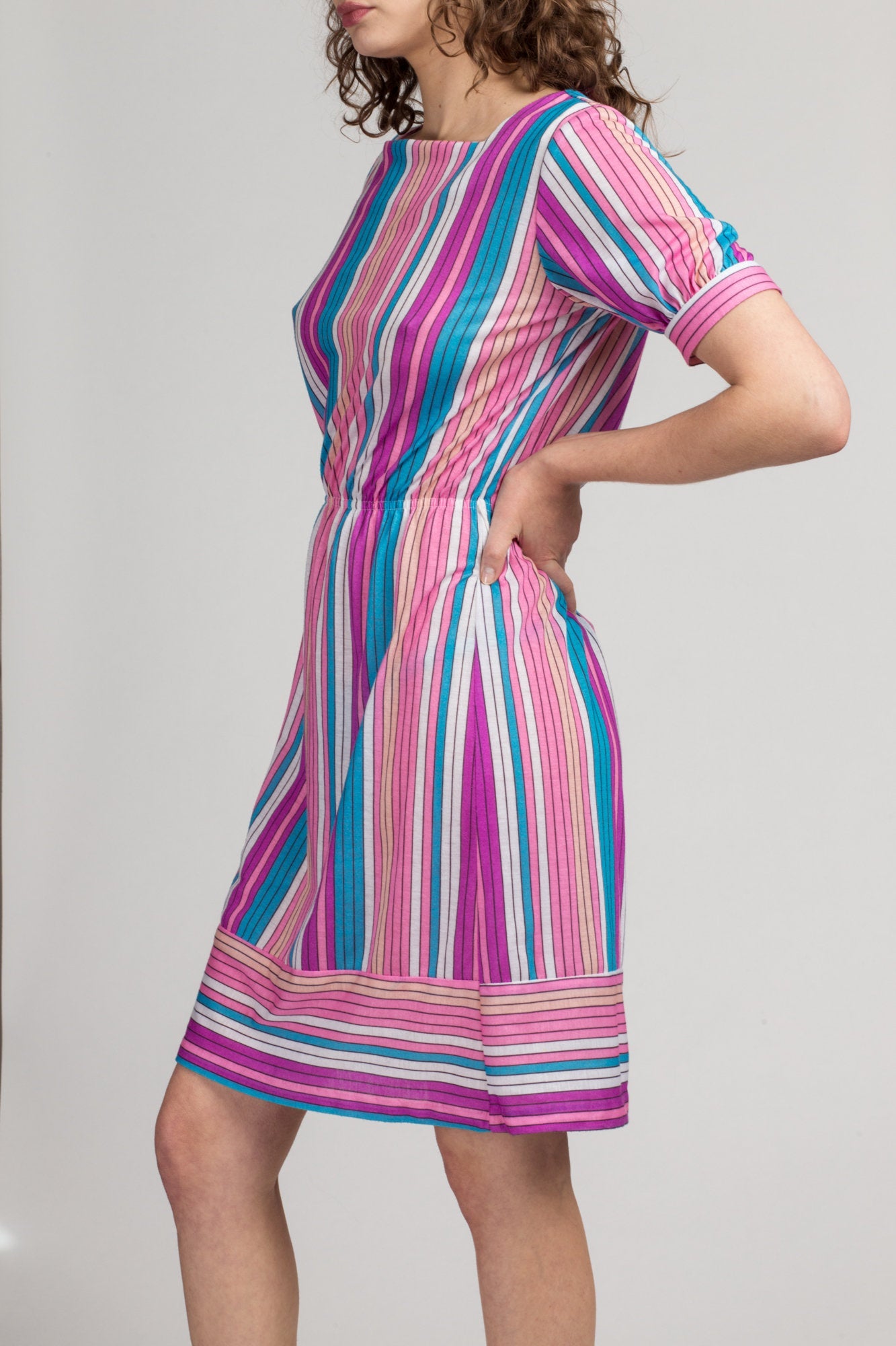 80s Striped Mini Dress - Medium | Vintage Retro Colorful Girly Short Sleeve Secretary Minidress