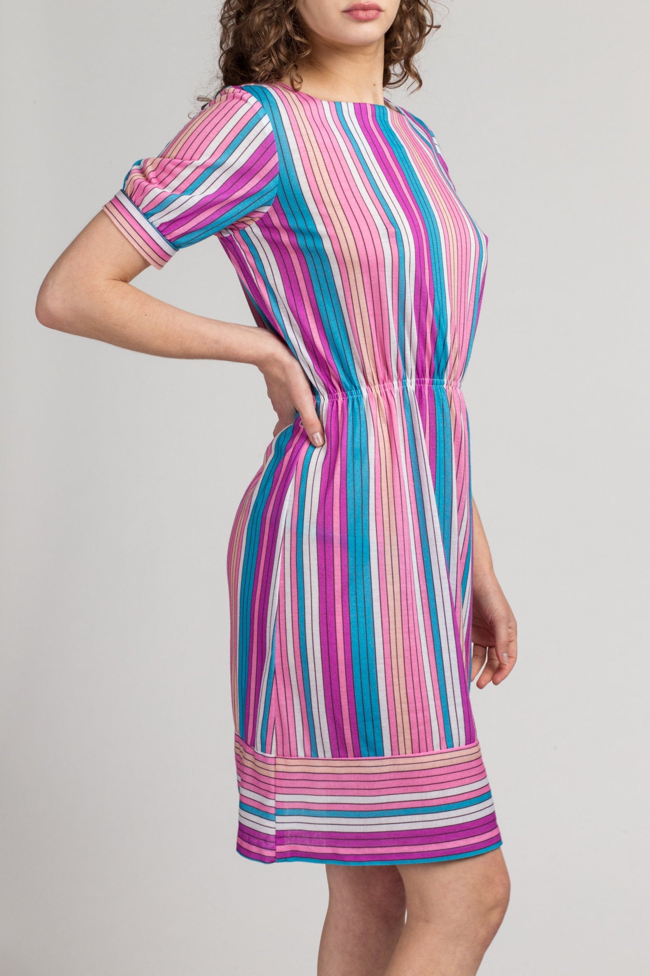 80s Striped Mini Dress - Medium | Vintage Retro Colorful Girly Short Sleeve Secretary Minidress