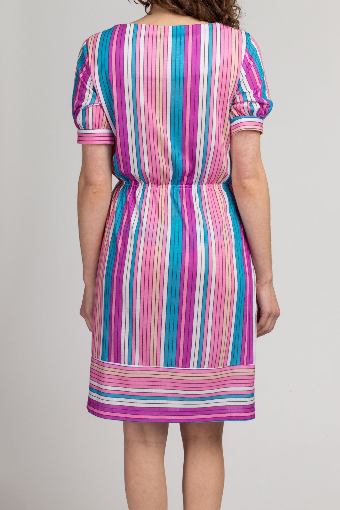 80s Striped Mini Dress - Medium | Vintage Retro Colorful Girly Short Sleeve Secretary Minidress