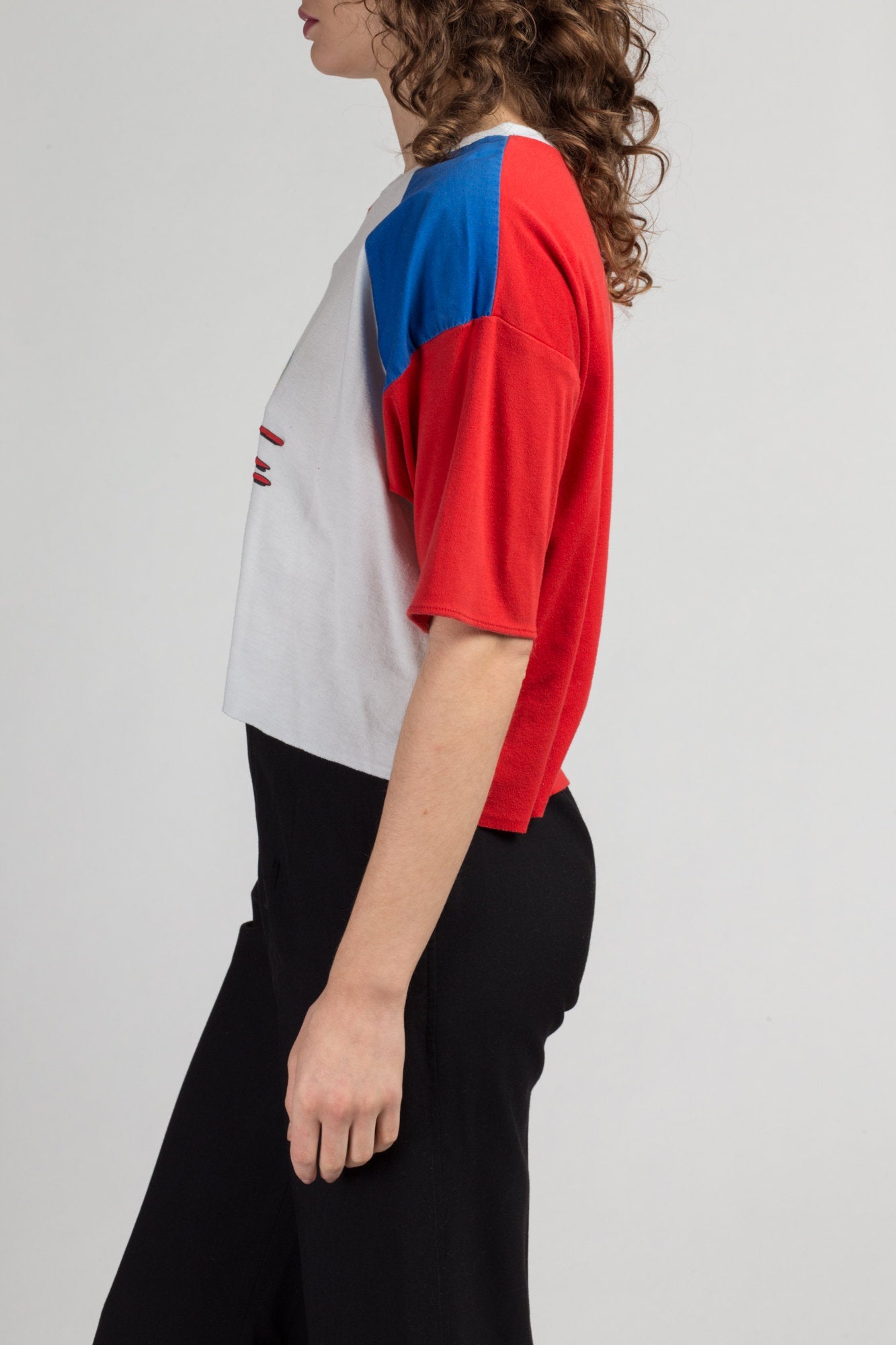 80s All American Pro League Color Block Crop Top - Extra Large | Vintage Red White & Blue Short Sleeve Sleeve Graphic Shirt