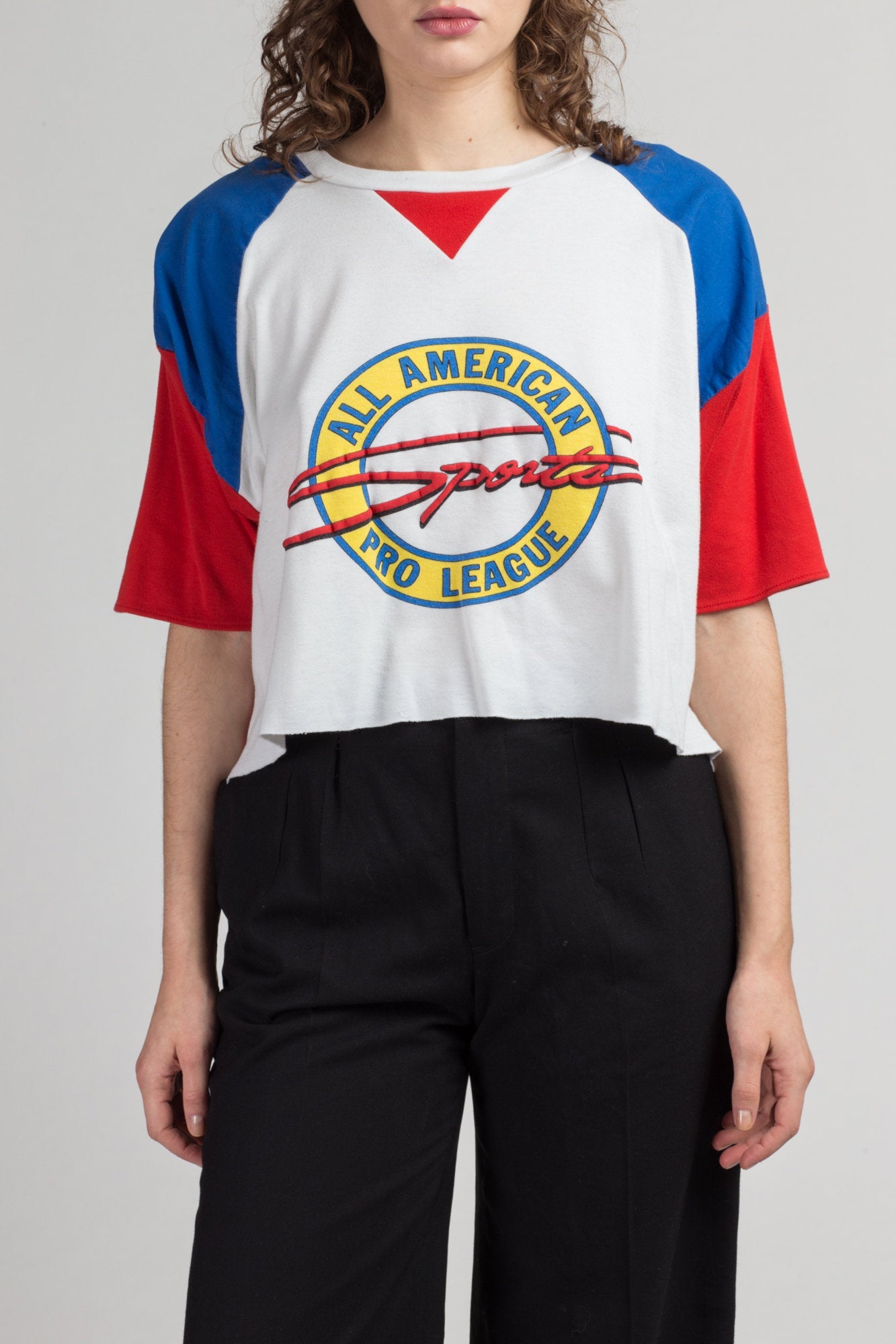 80s All American Pro League Color Block Crop Top - Extra Large | Vintage Red White & Blue Short Sleeve Sleeve Graphic Shirt